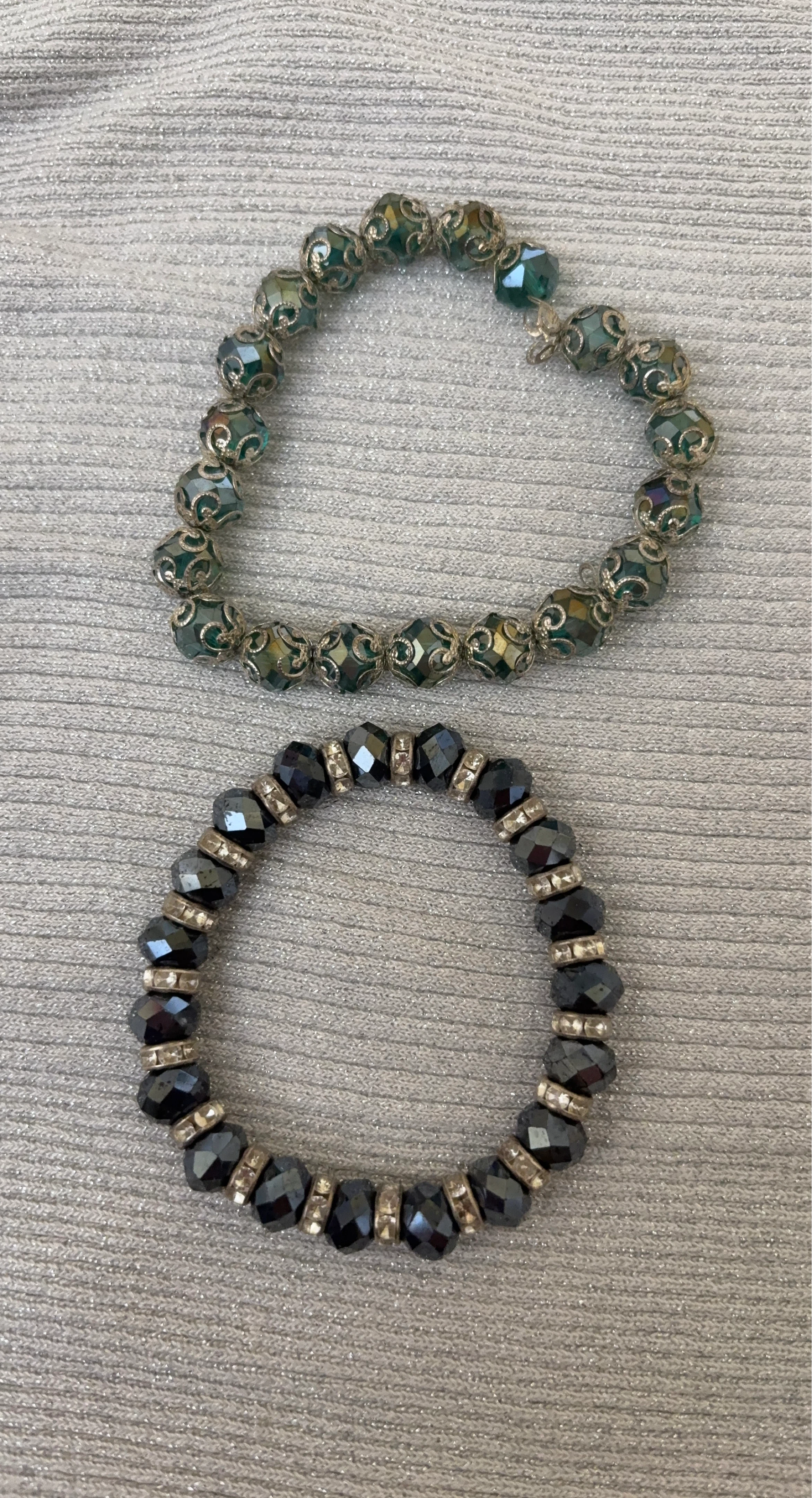 Set of 2 Bracelets - Green Beaded and Black Crystal
