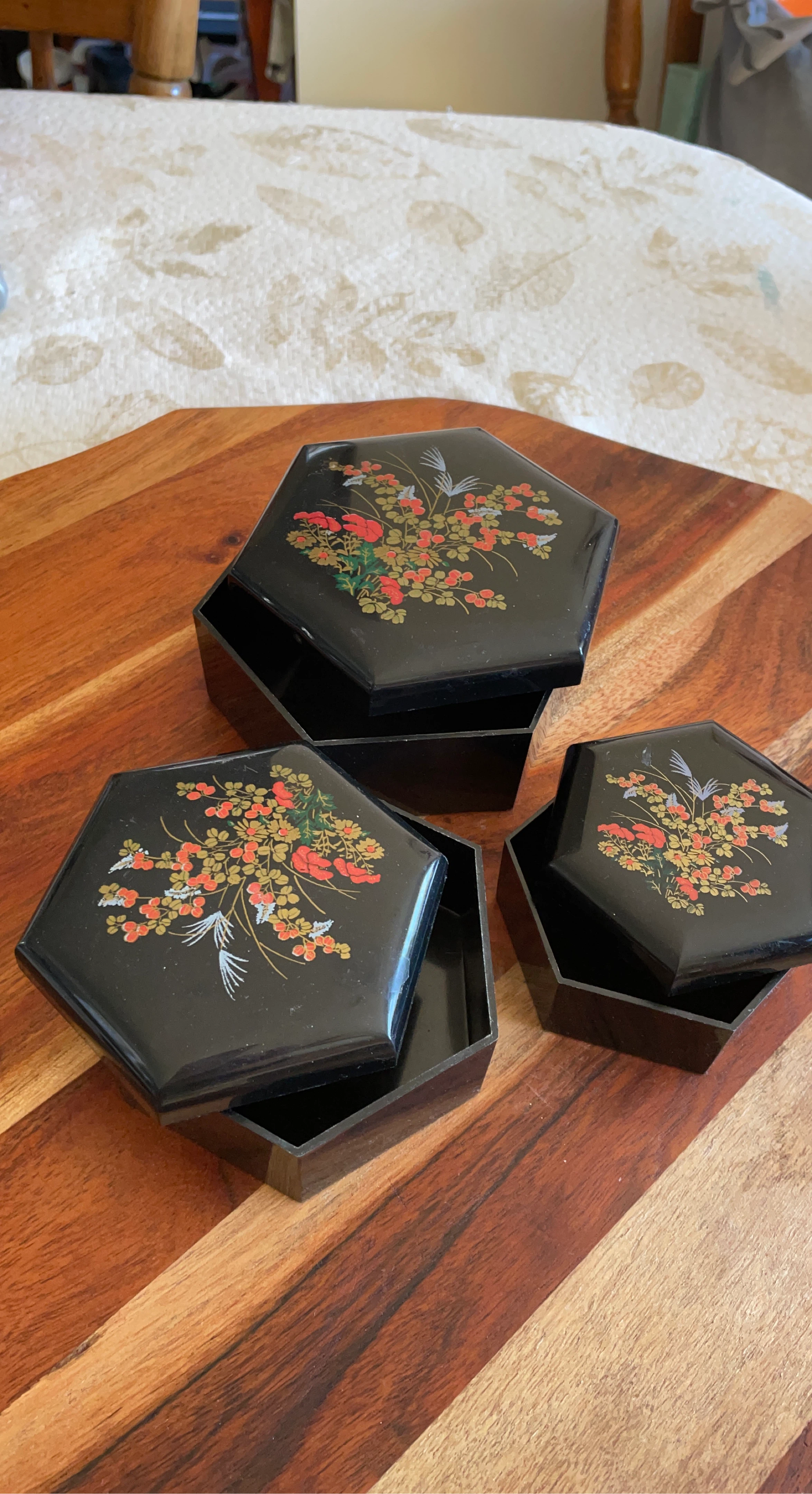 Set of 3 Black Hexagonal Trinket Boxes with Floral Design