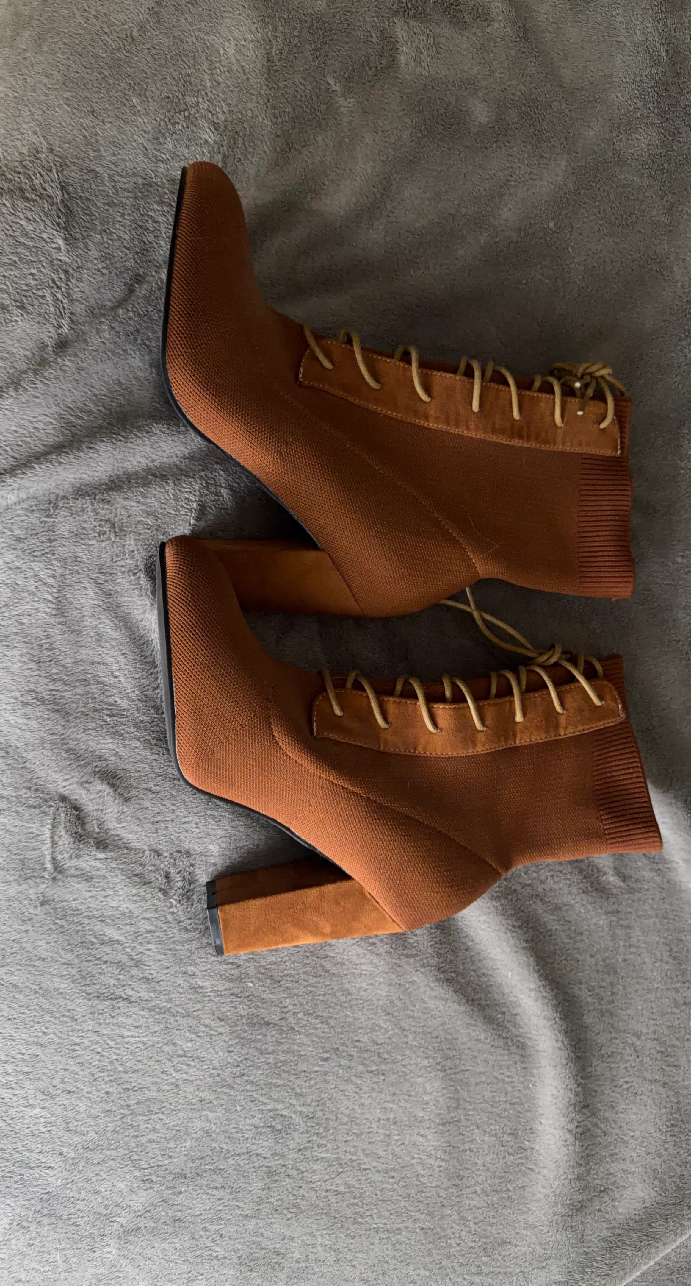 Brown Knit Lace-Up Block Heel Booties