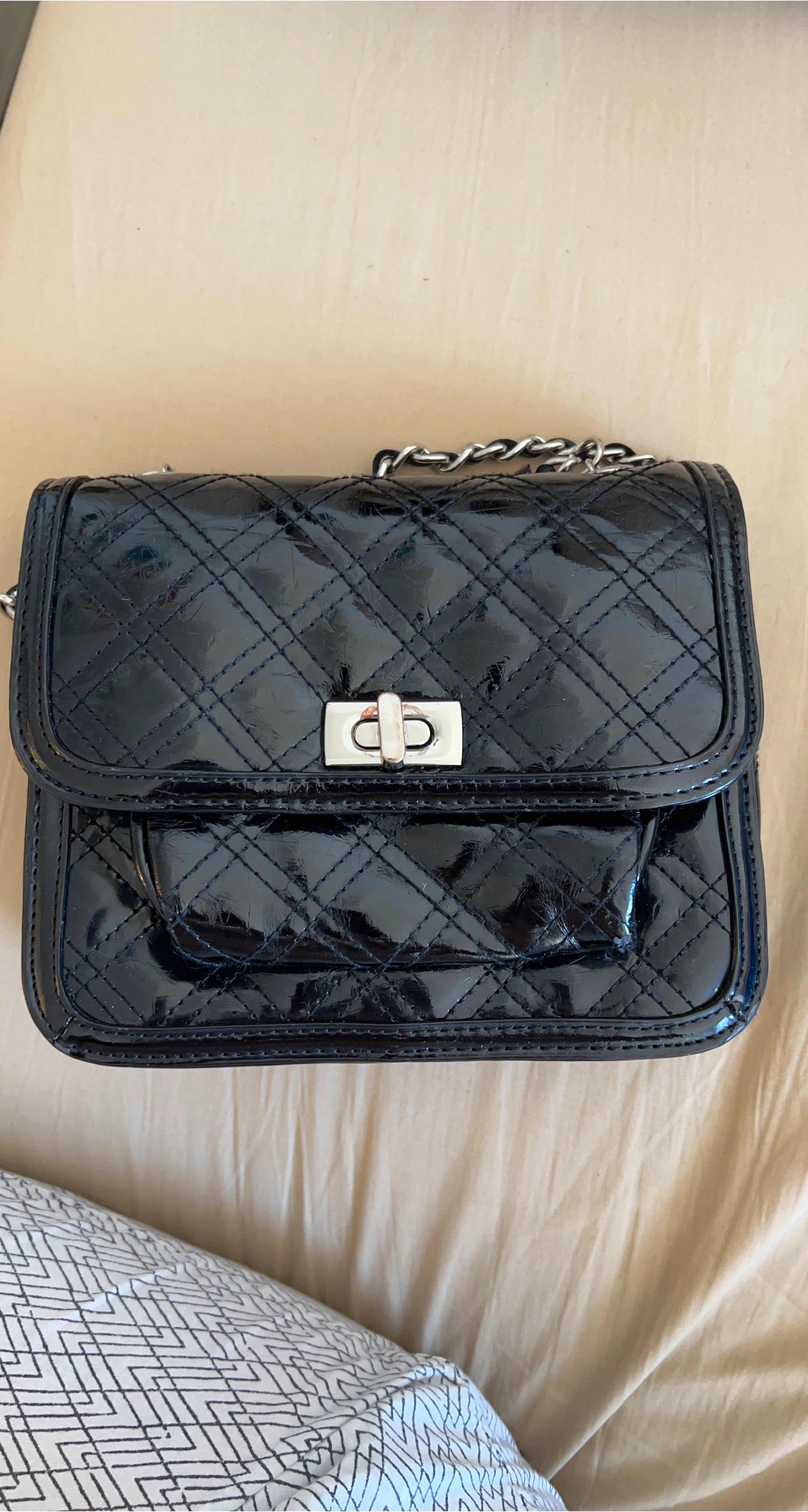 Black Patent Quilted Chain Shoulder Bag