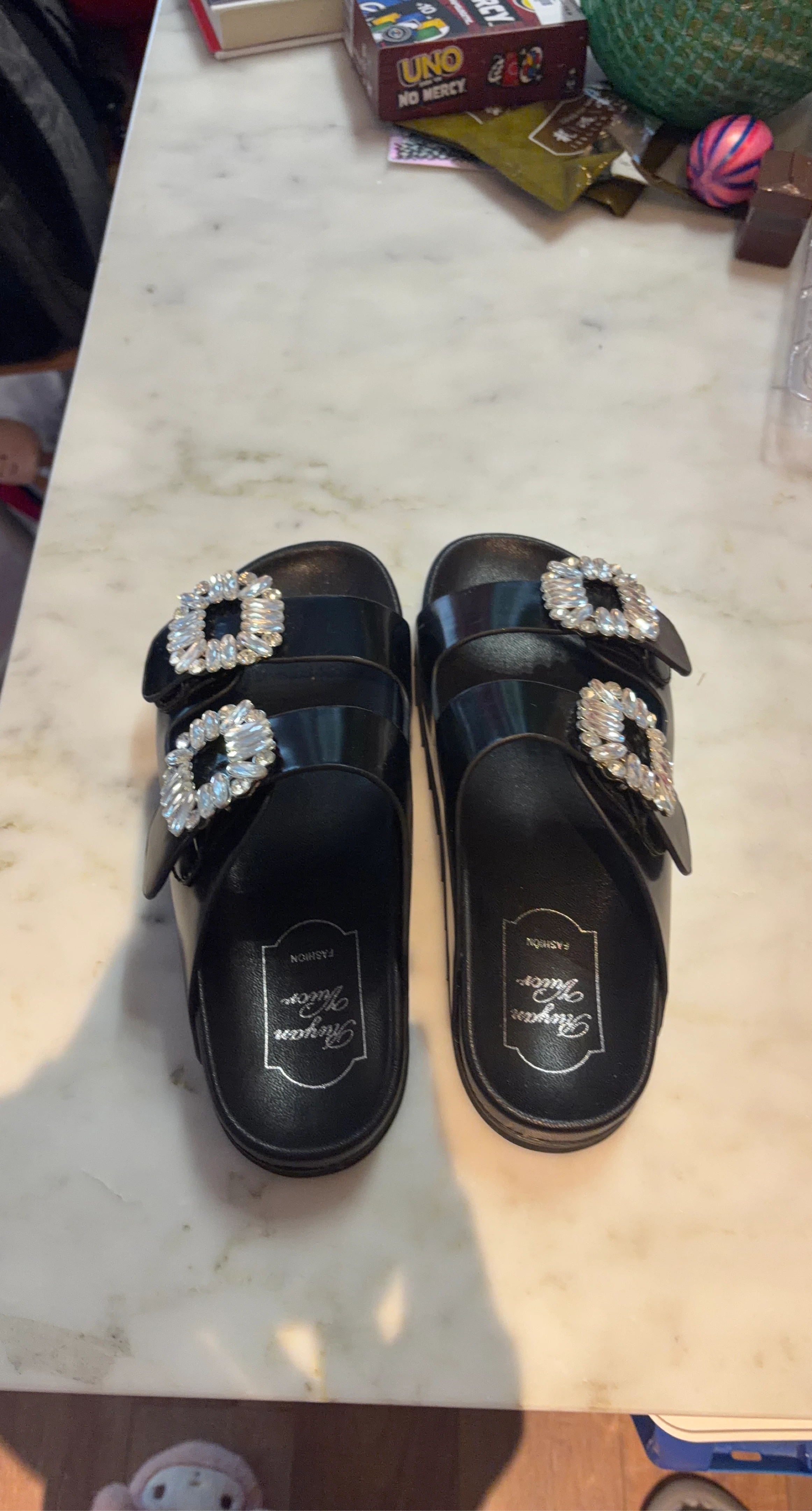 Riyana Tailor Black Embellished Slide Sandals - Size 37