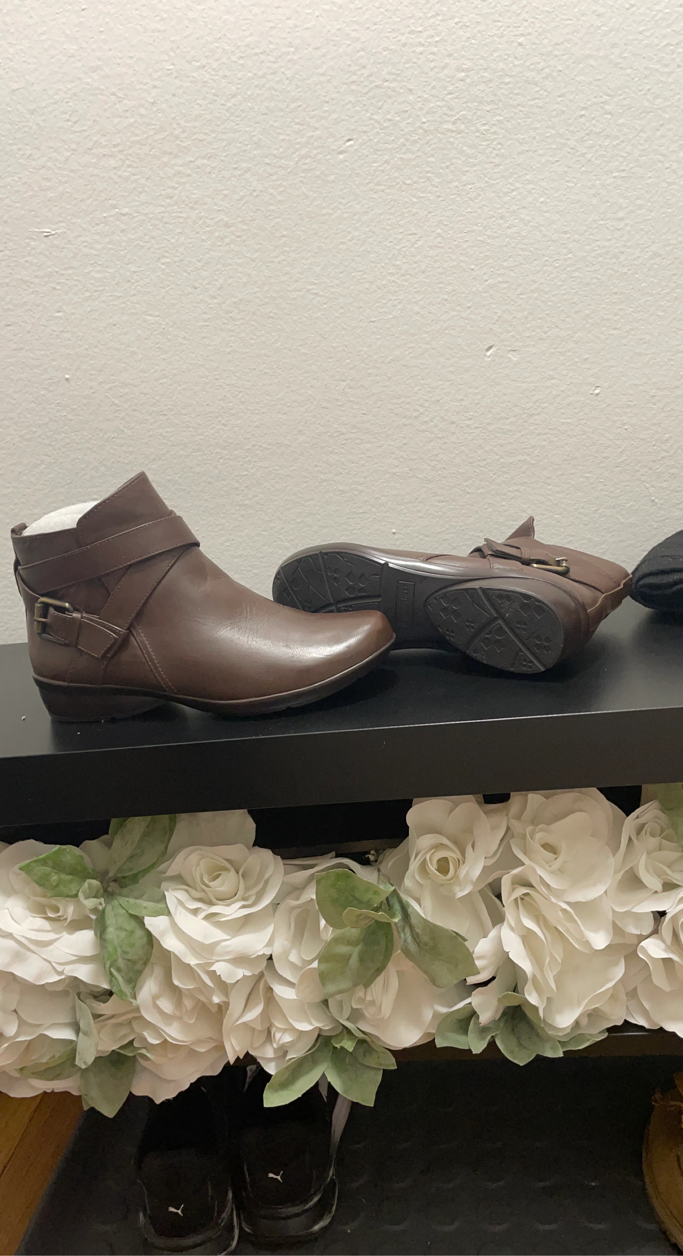 Brown Faux Leather Ankle Boots with Buckle Detail