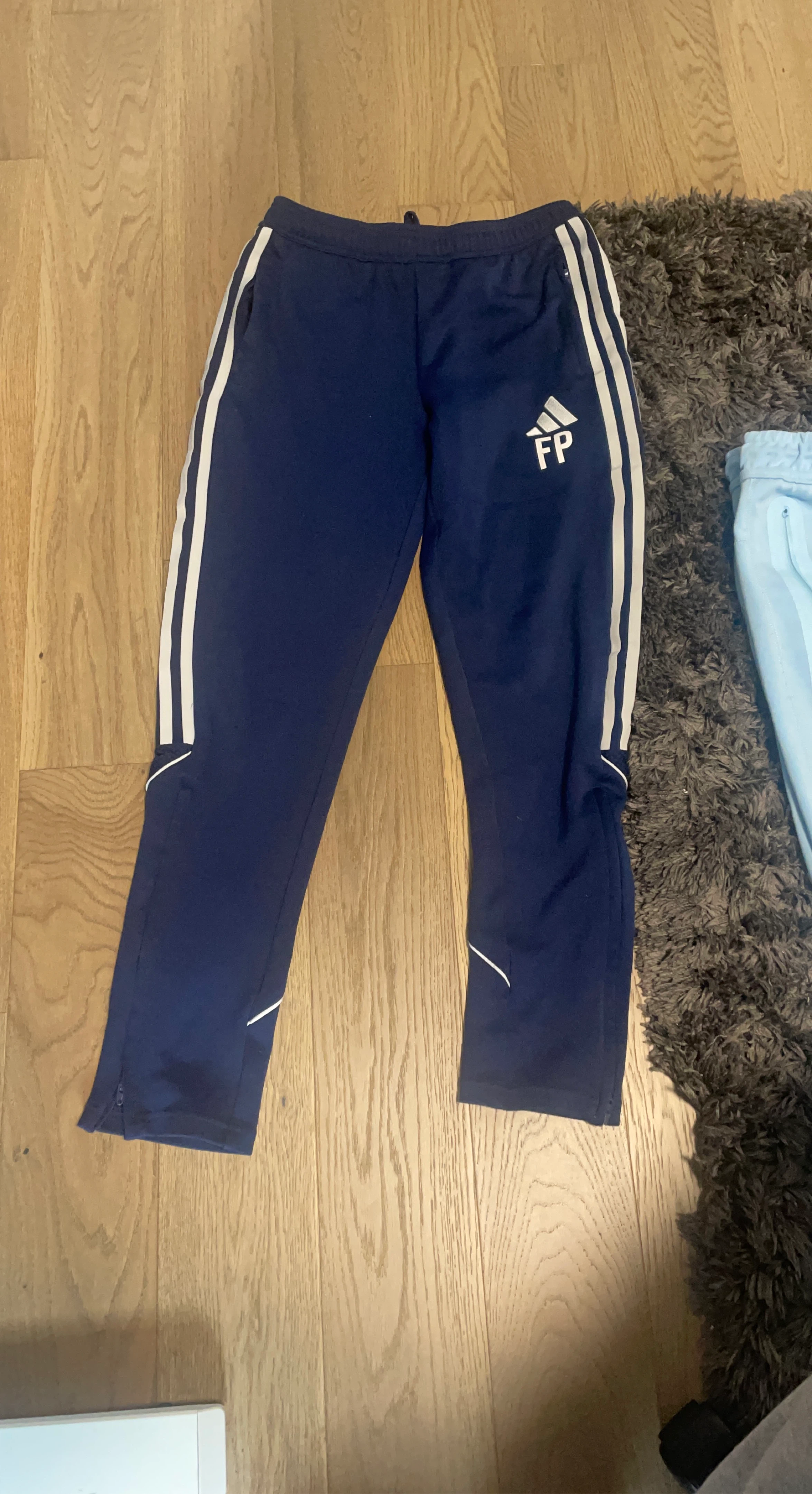 Navy Adidas Track Pants with White Stripes