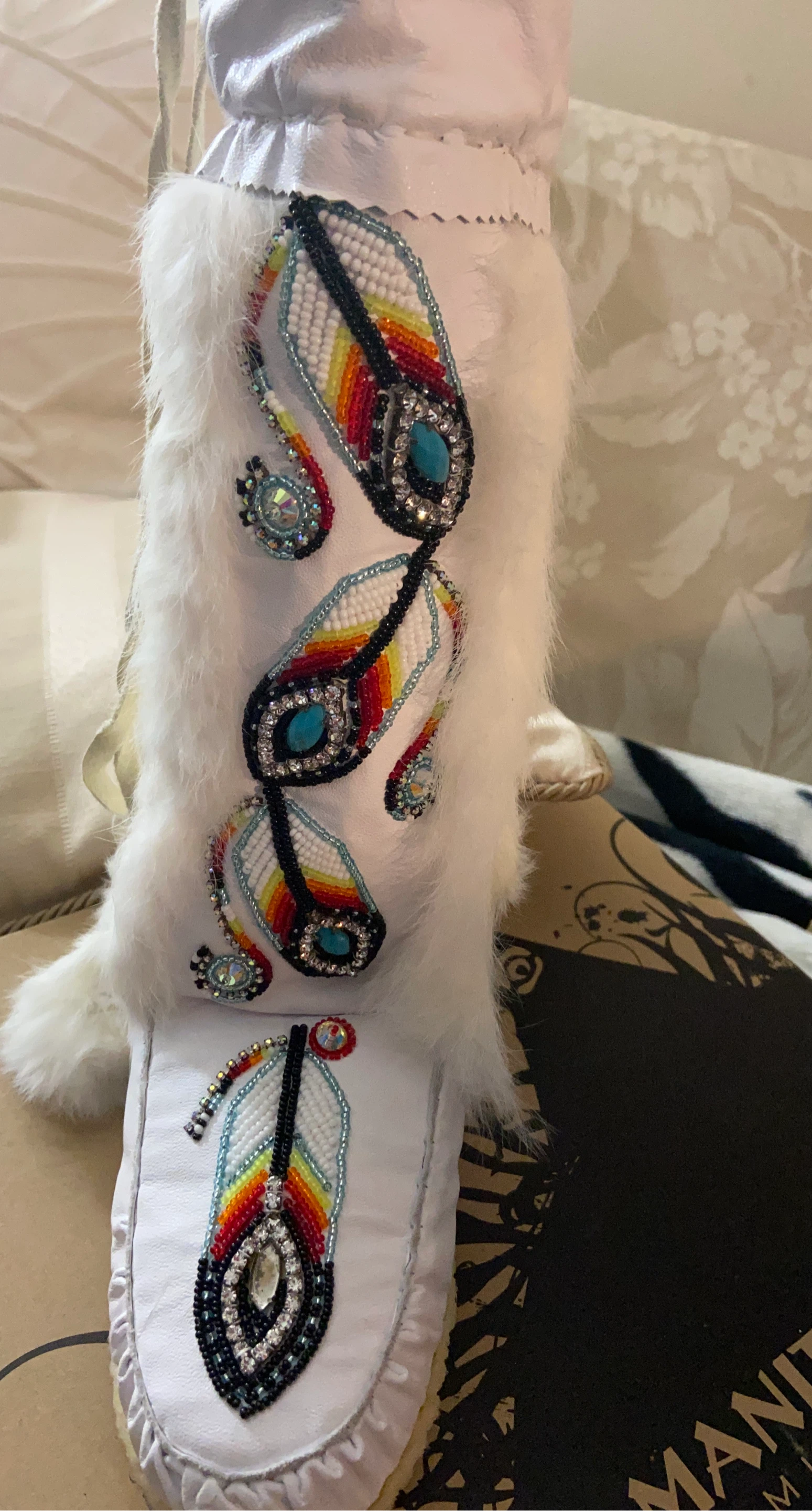 White Beaded Moccasins with Fur Trim