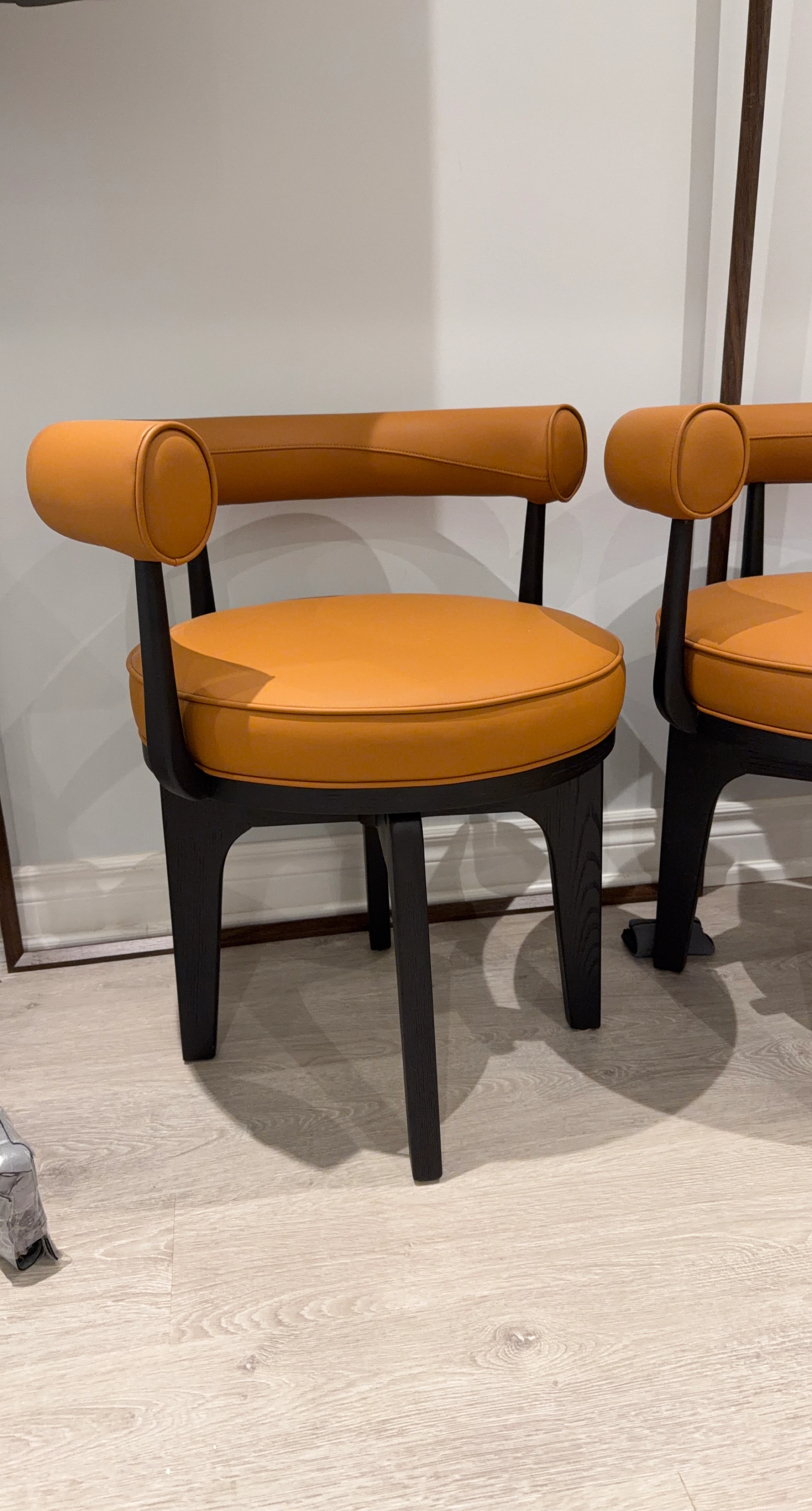Set of 2 Modern Accent Chairs - Tan Faux Leather & Black Wood