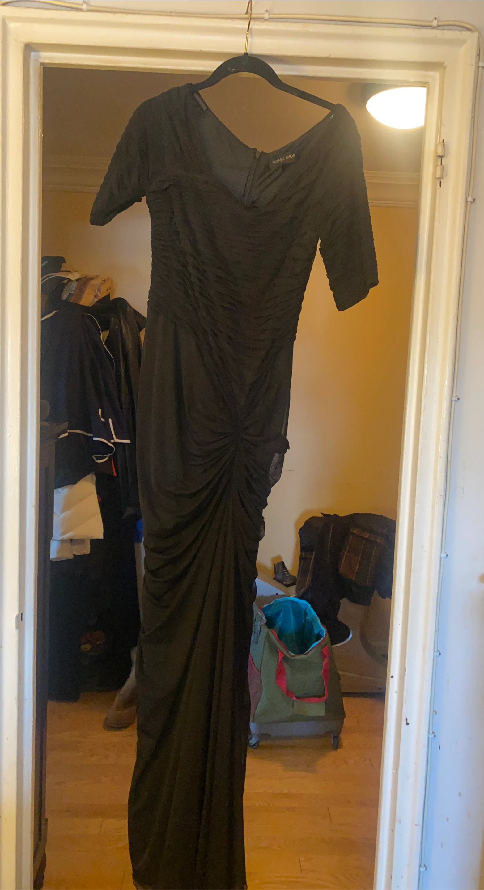 Tadashi Shoji Black Ruched Evening Gown