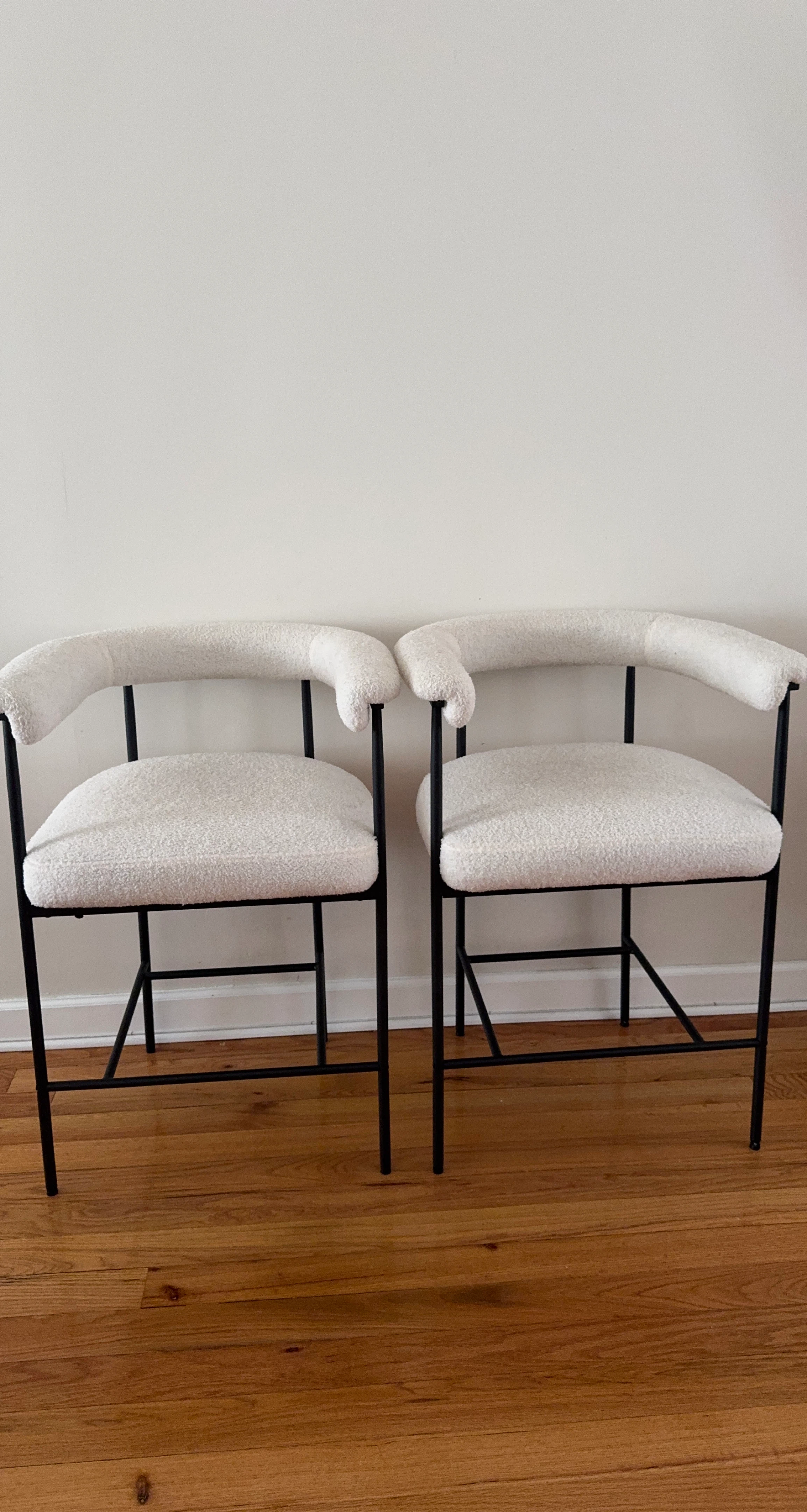 Set of 2 White Boucle Bar Stools with Black Metal Frame