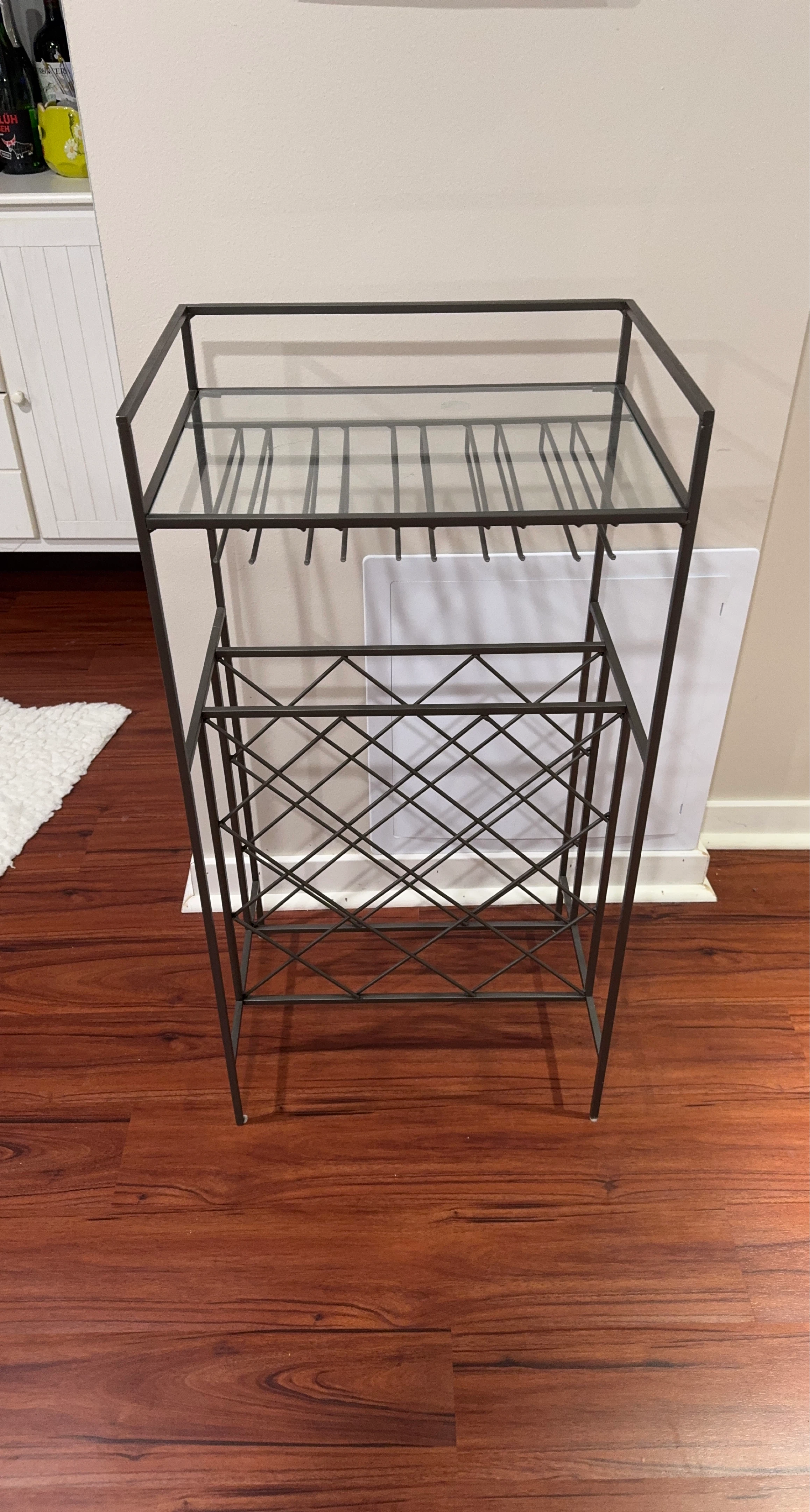 Glass and Metal Wine Rack with Hanging Glass Holders