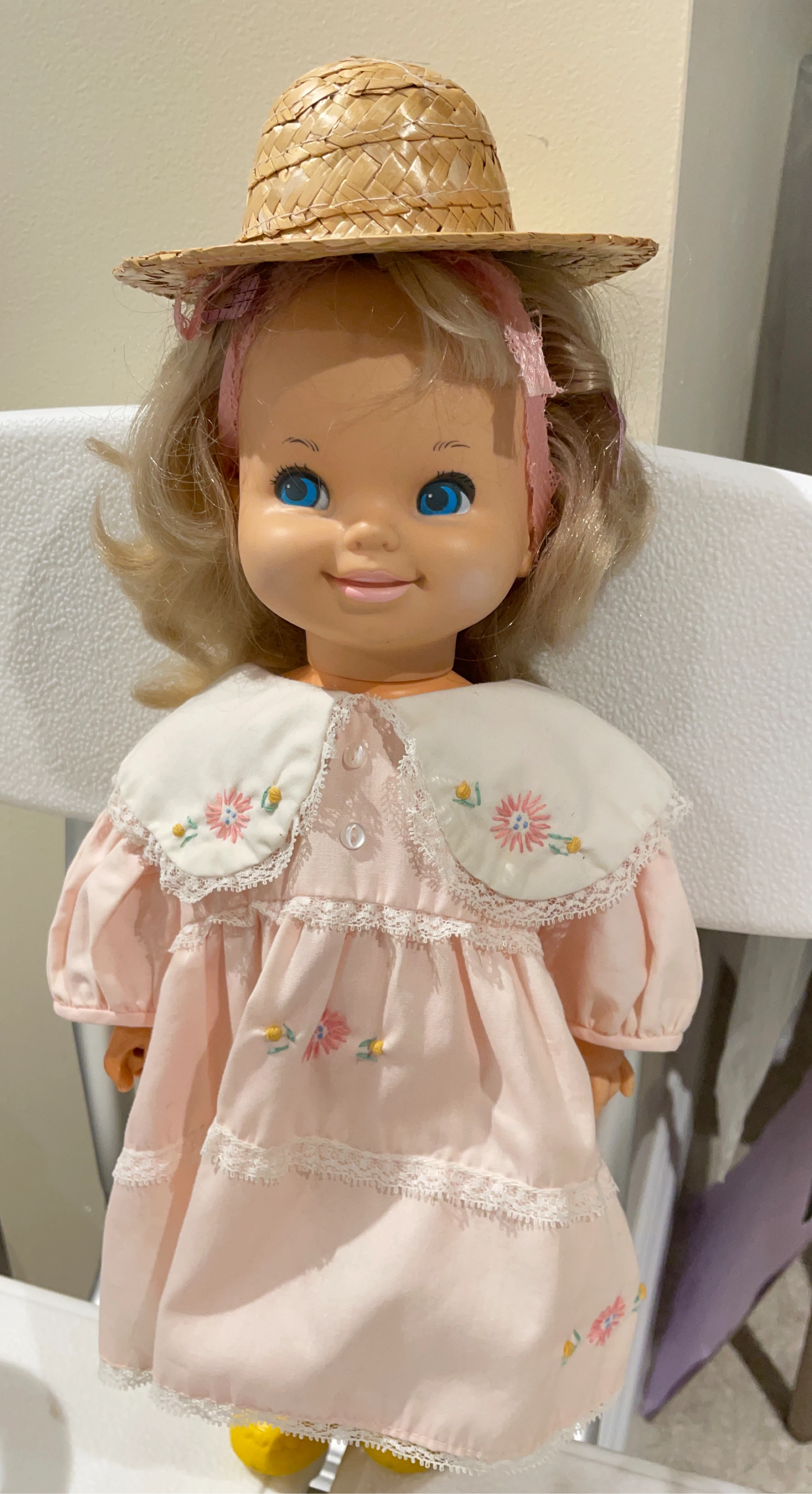 Vintage Doll with Straw Hat and Pink Dress
