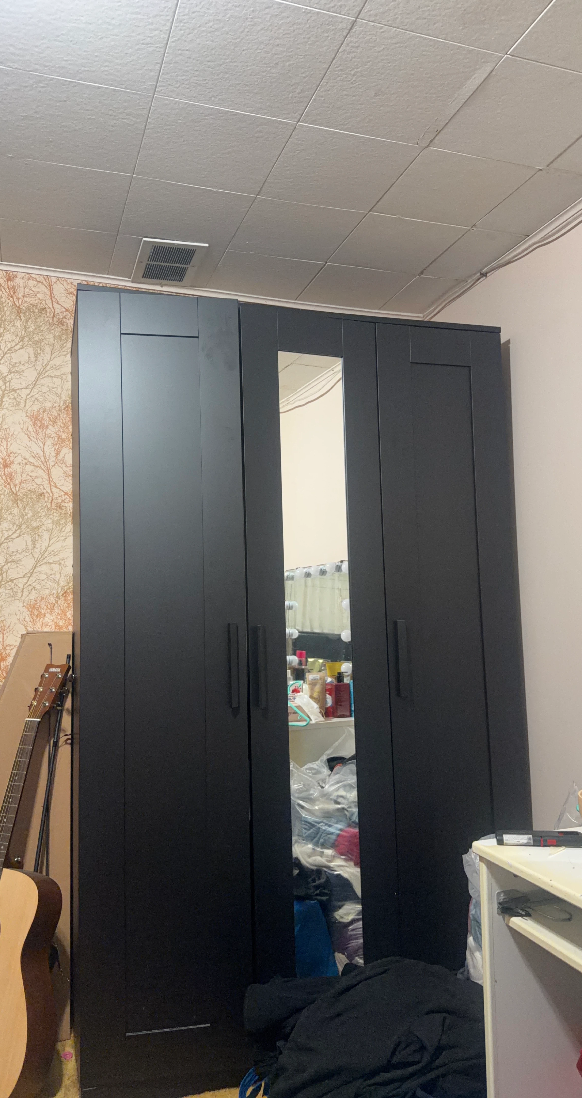 Black 3-Door Wardrobe with Mirror