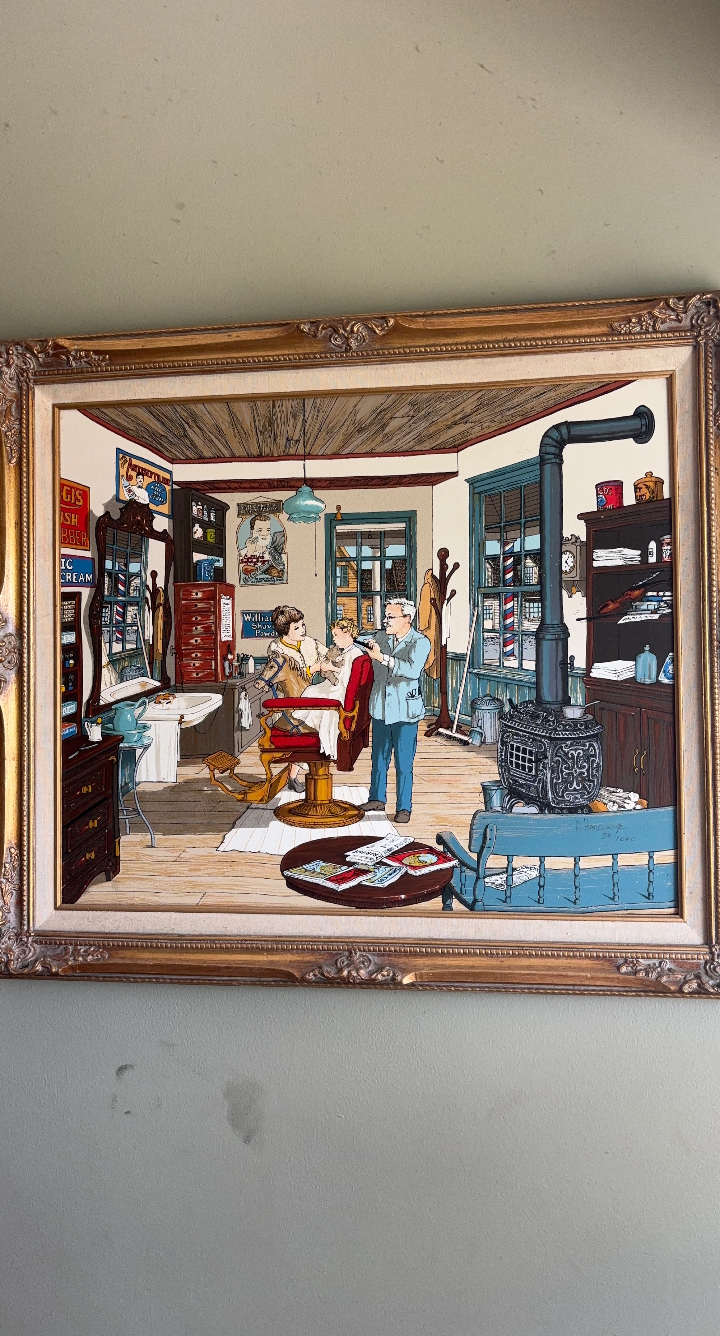 Framed Barber Shop Scene Painting