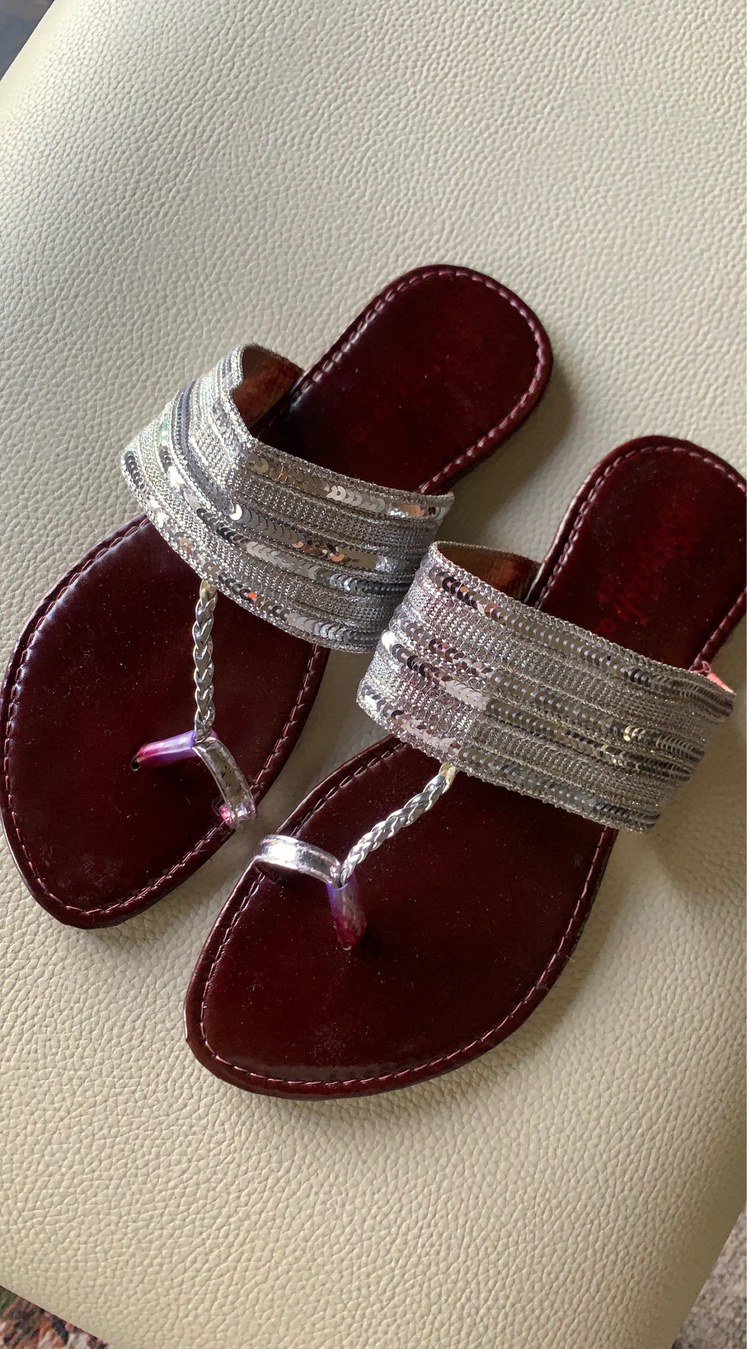 Stylish Shoes Thong Sandals - Burgundy with Silver Sequins