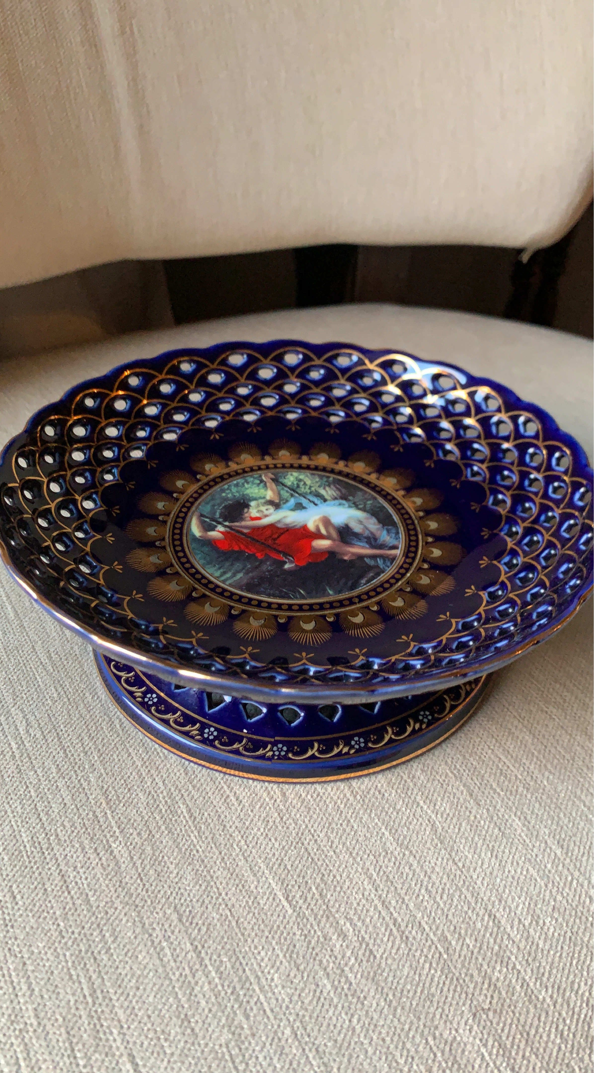 Decorative Cobalt Blue Pedestal Dish with Romantic Scene