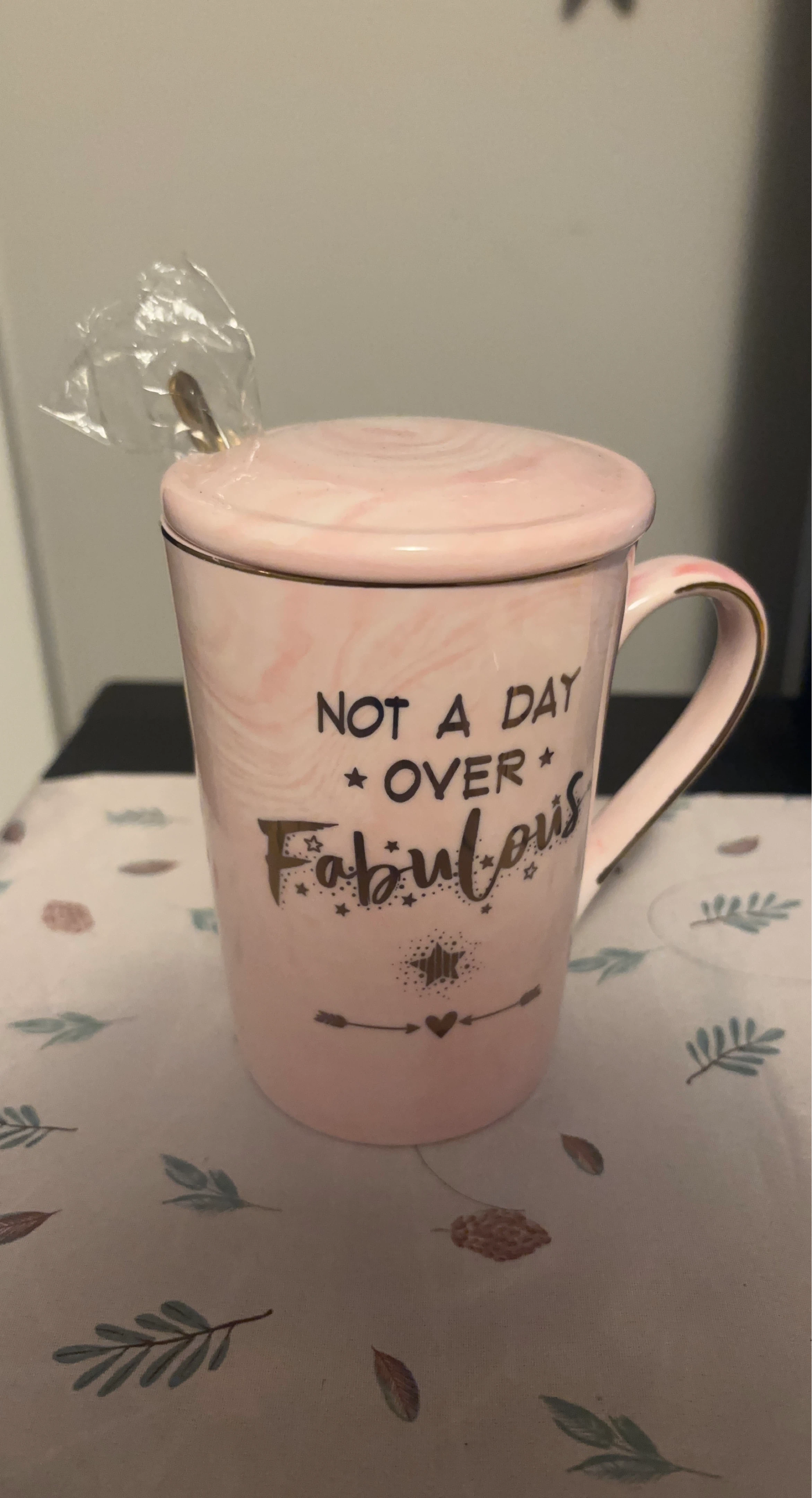 Pink "Not a Day Over Fabulous" Mug with Spoon and Lid