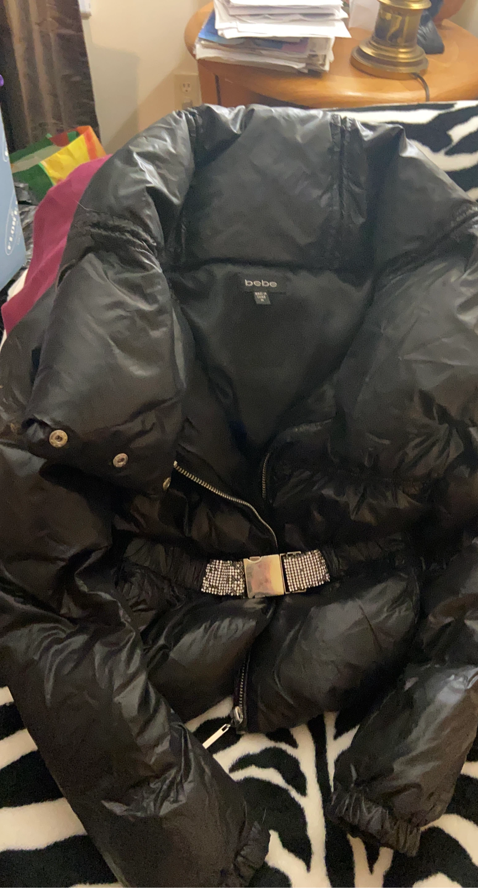 Bebe Black Puffer Jacket with Embellished Belt
