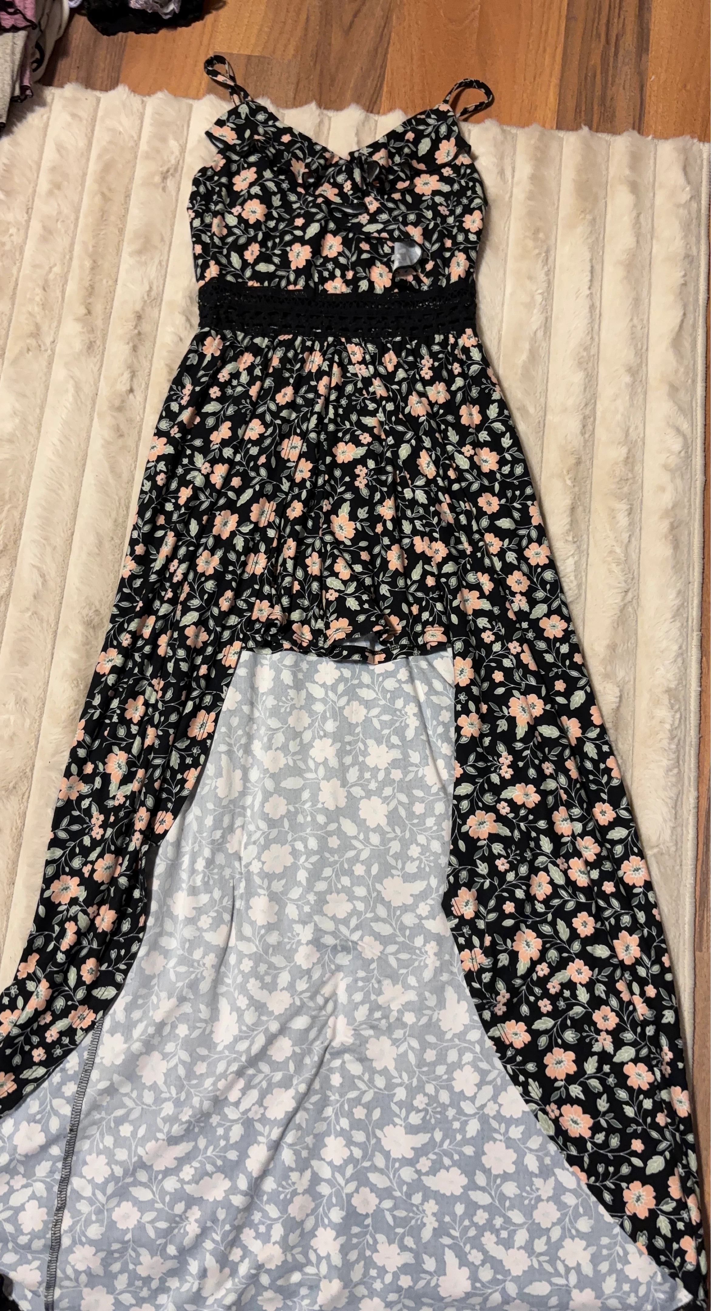 Black Floral Maxi Dress with Crochet Waist