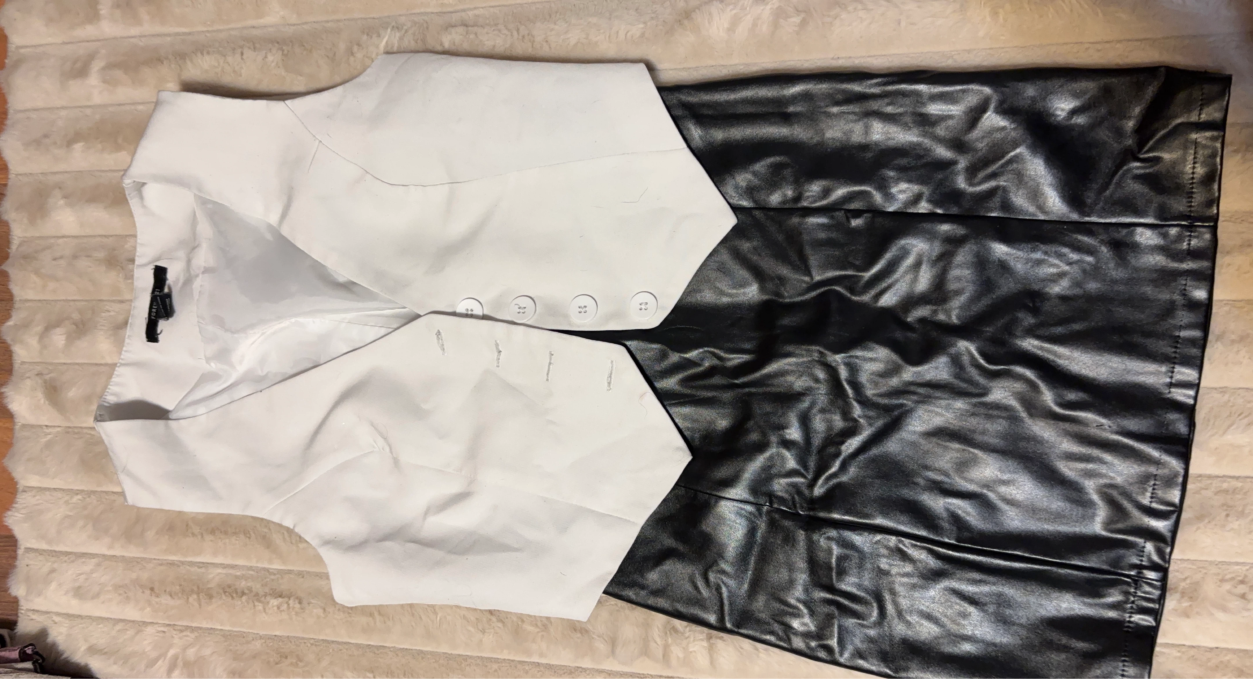 Forever 21 White Vest & Black Faux Leather Skirt Set
