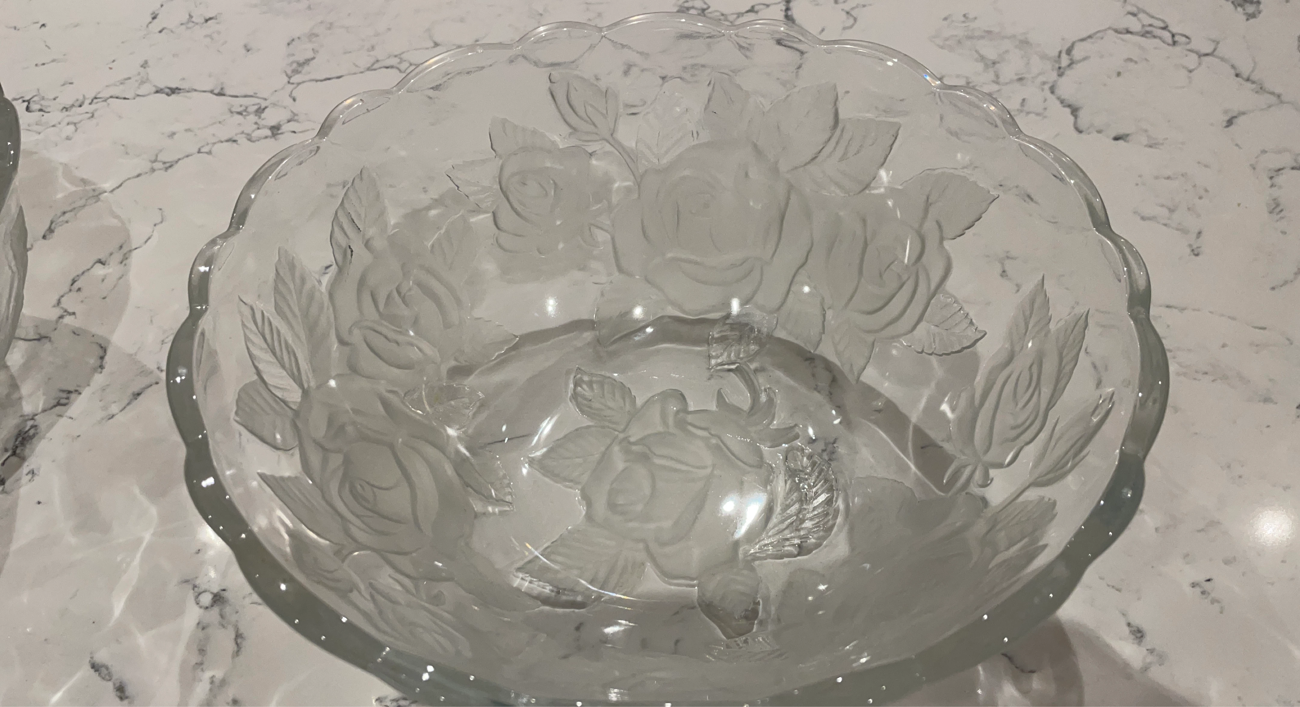 Clear Glass Rose Embossed Serving Bowl