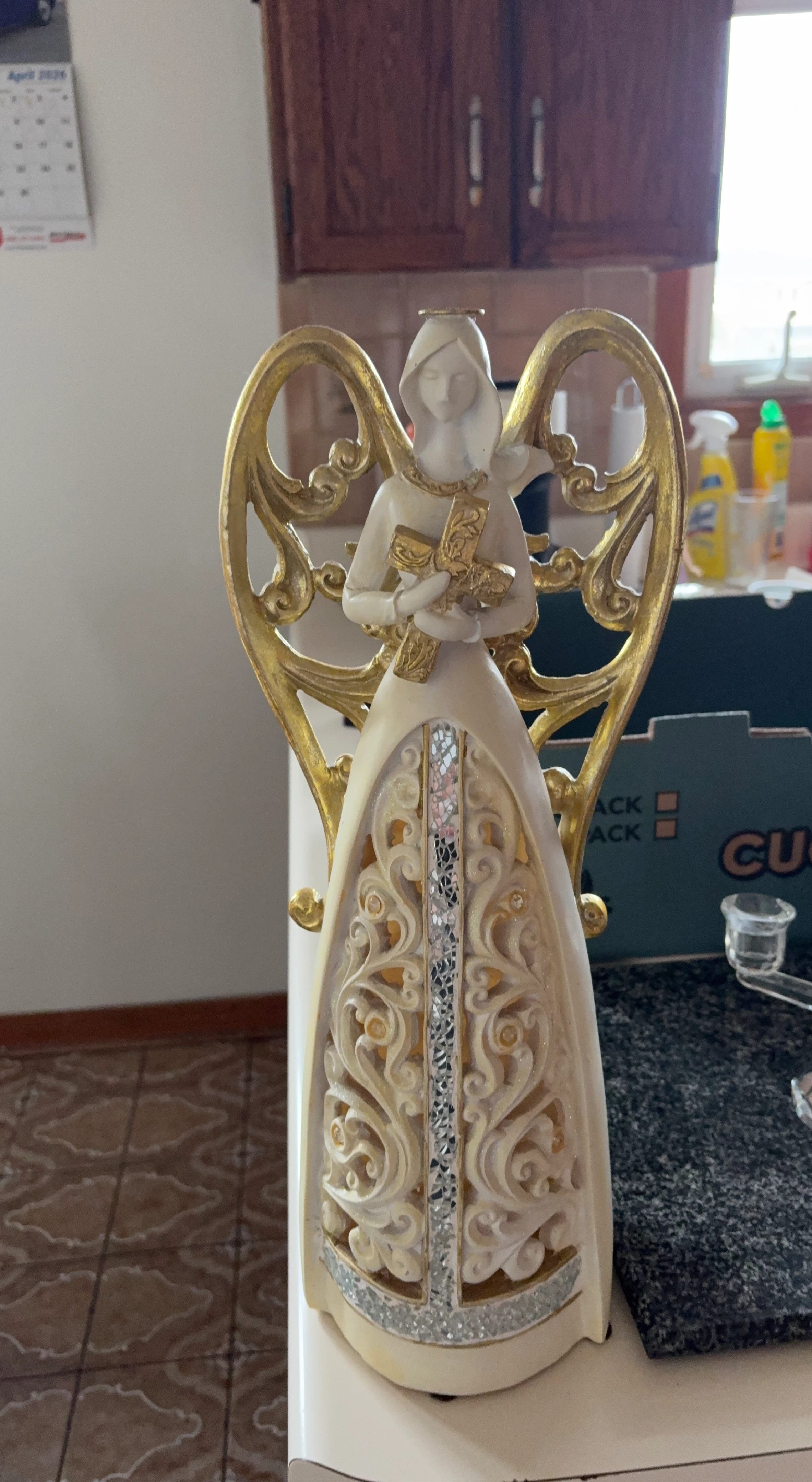 Angel Figurine with Gold Wings and Cross