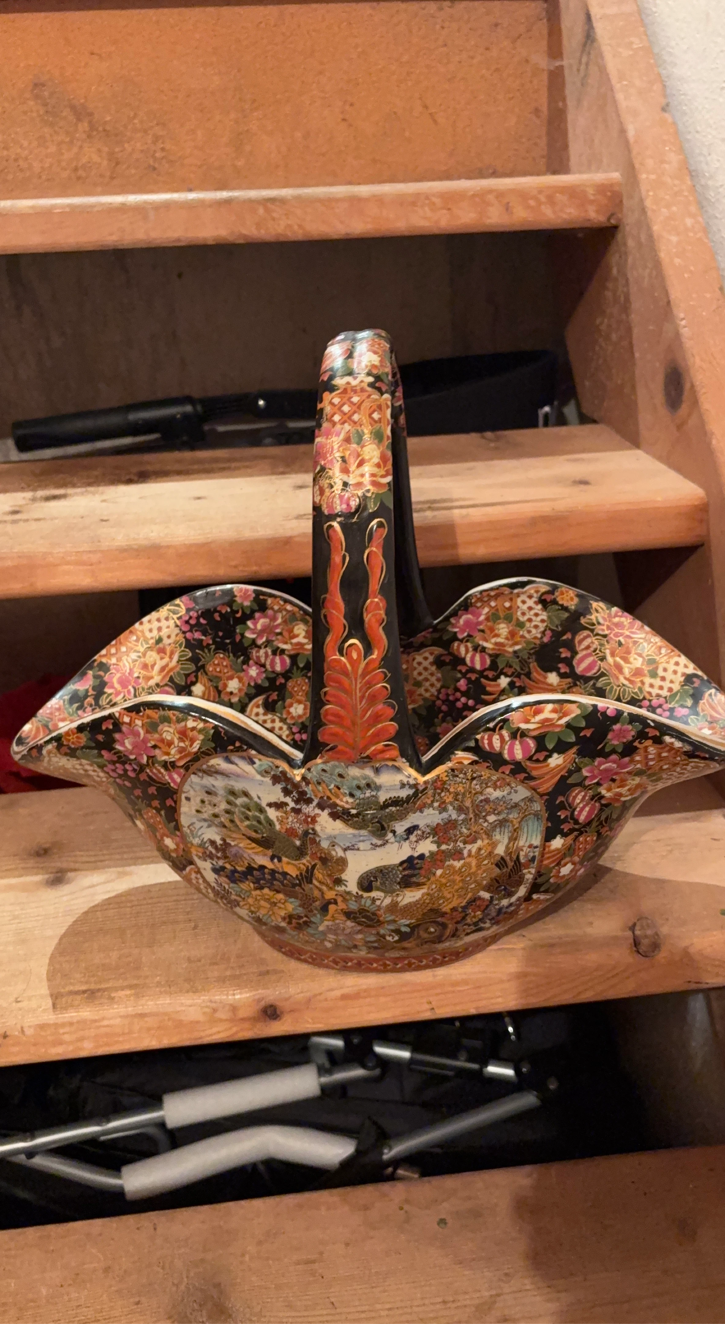 Vintage Decorative Basket with Floral and Peacock Design