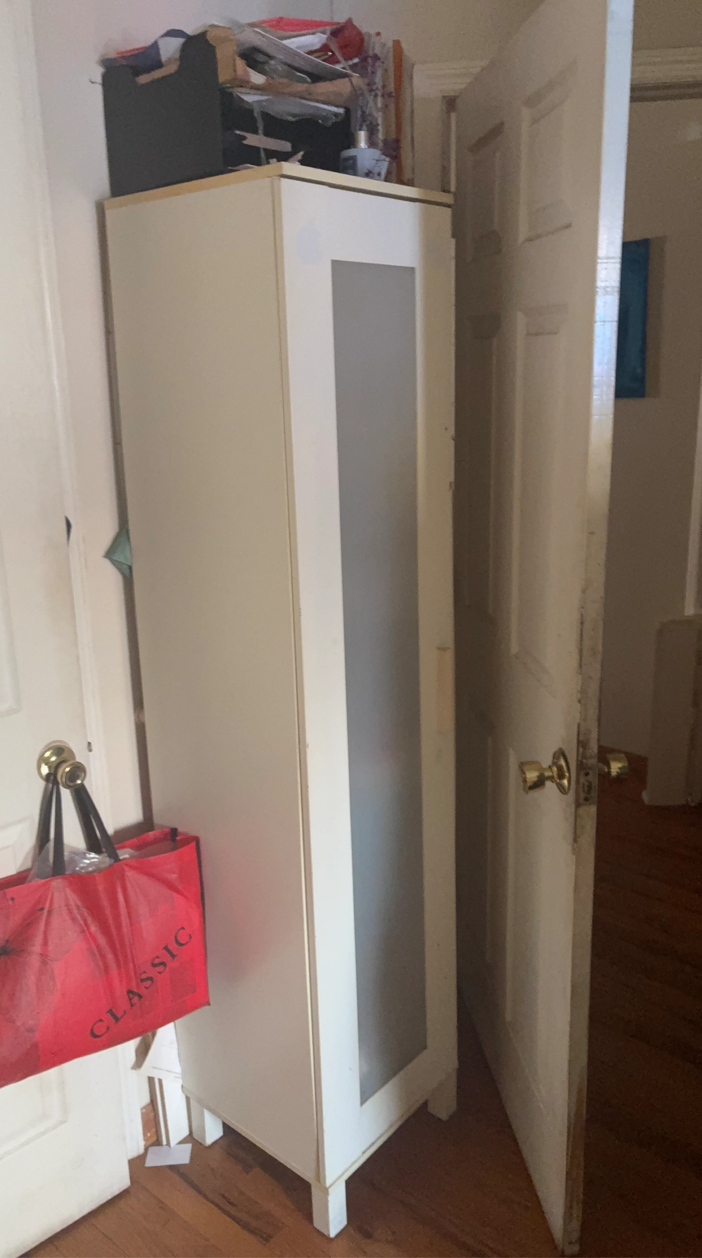 White tall cabinet with mirrored door
