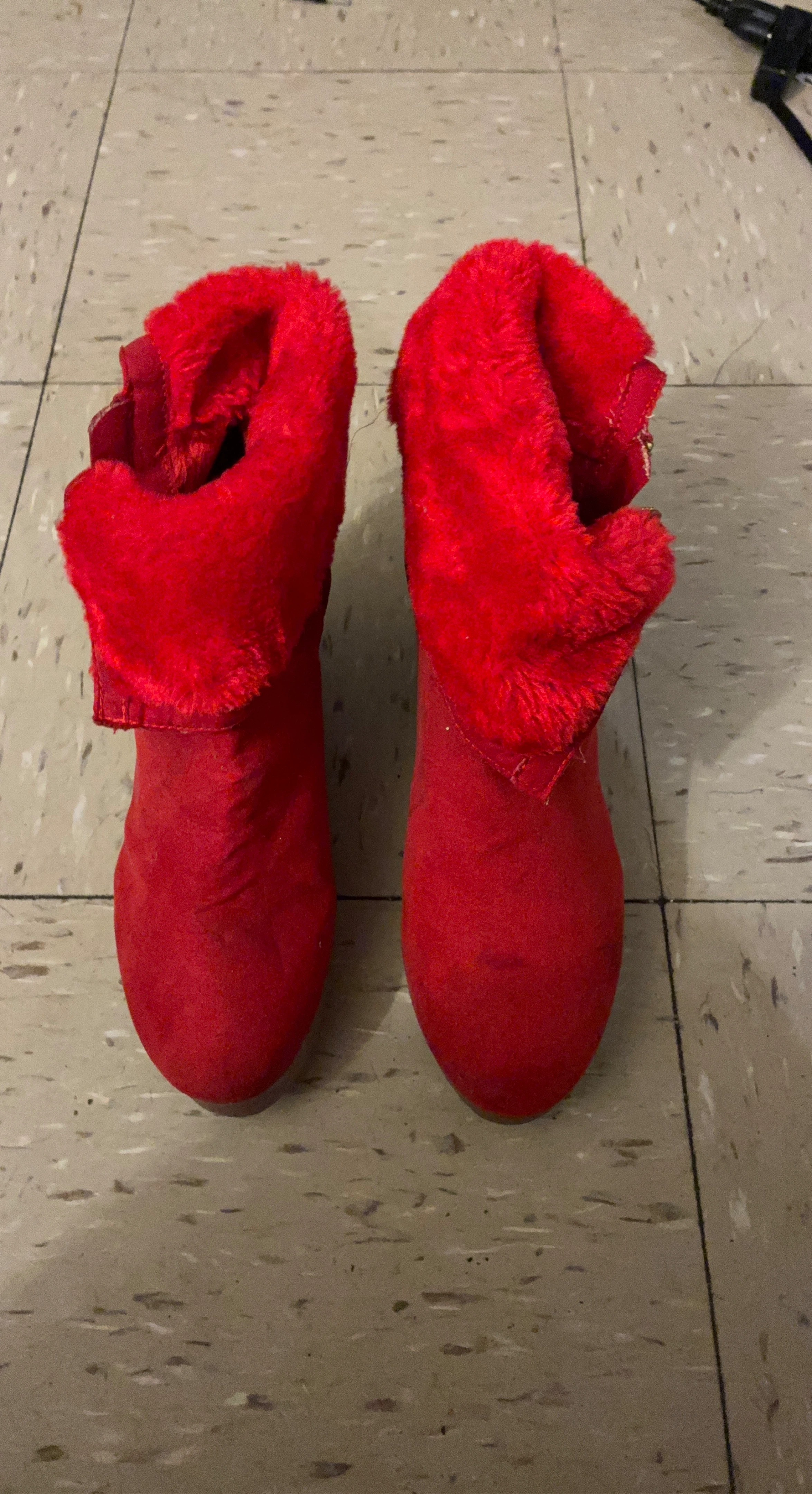 Red Wedge Ankle Boots with Fur Trim
