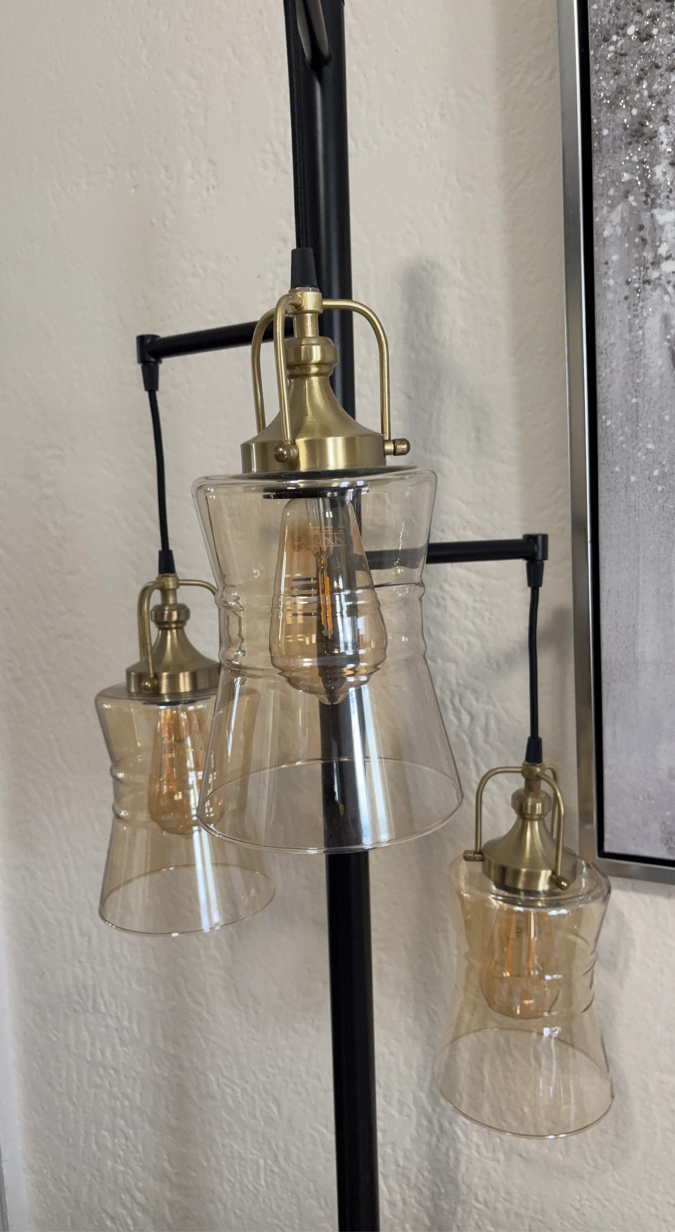 Farmhouse Style 3-Light Floor Lamp with Amber Glass Shades