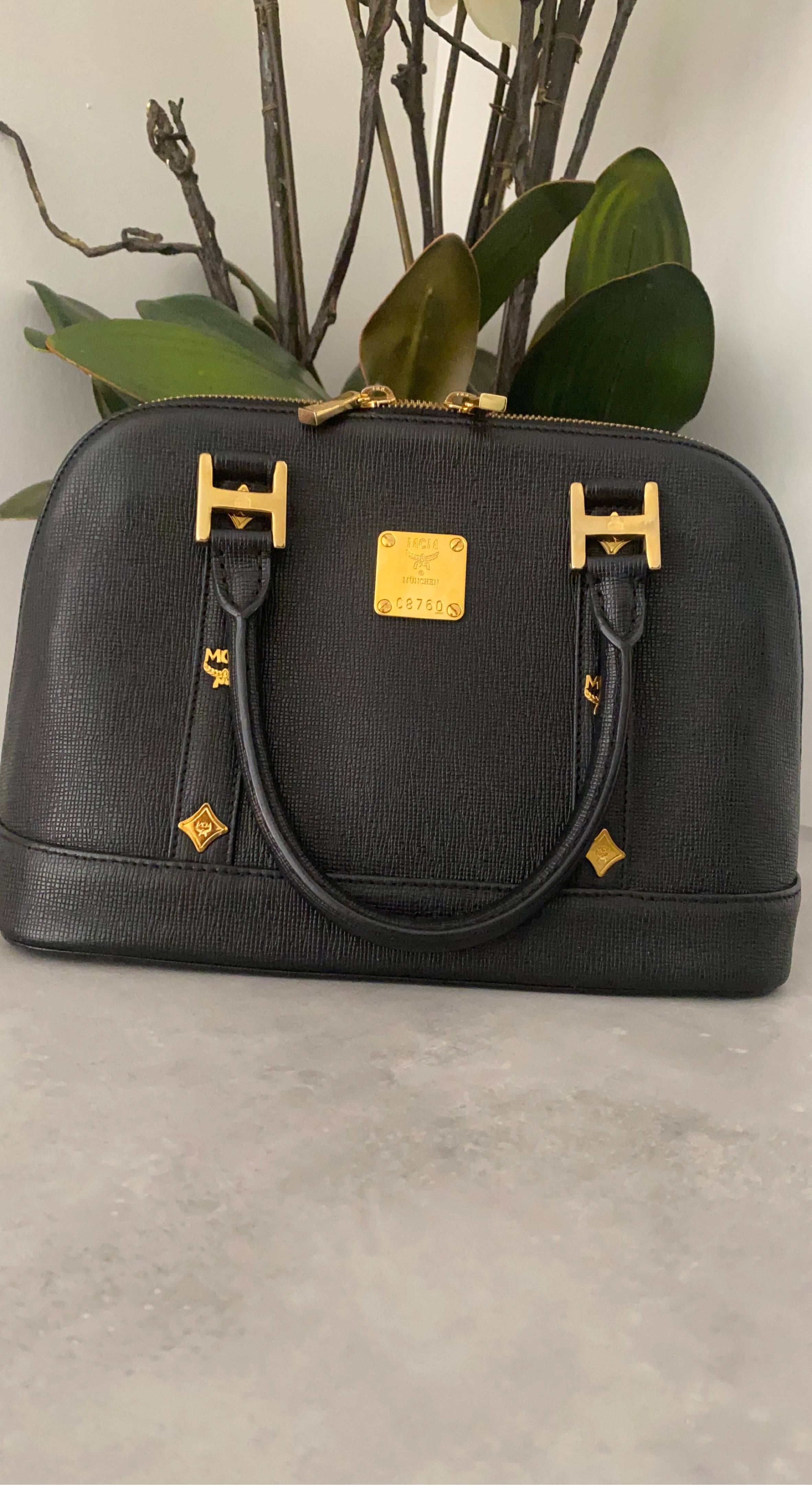 MCM Black Leather Dome Satchel Handbag