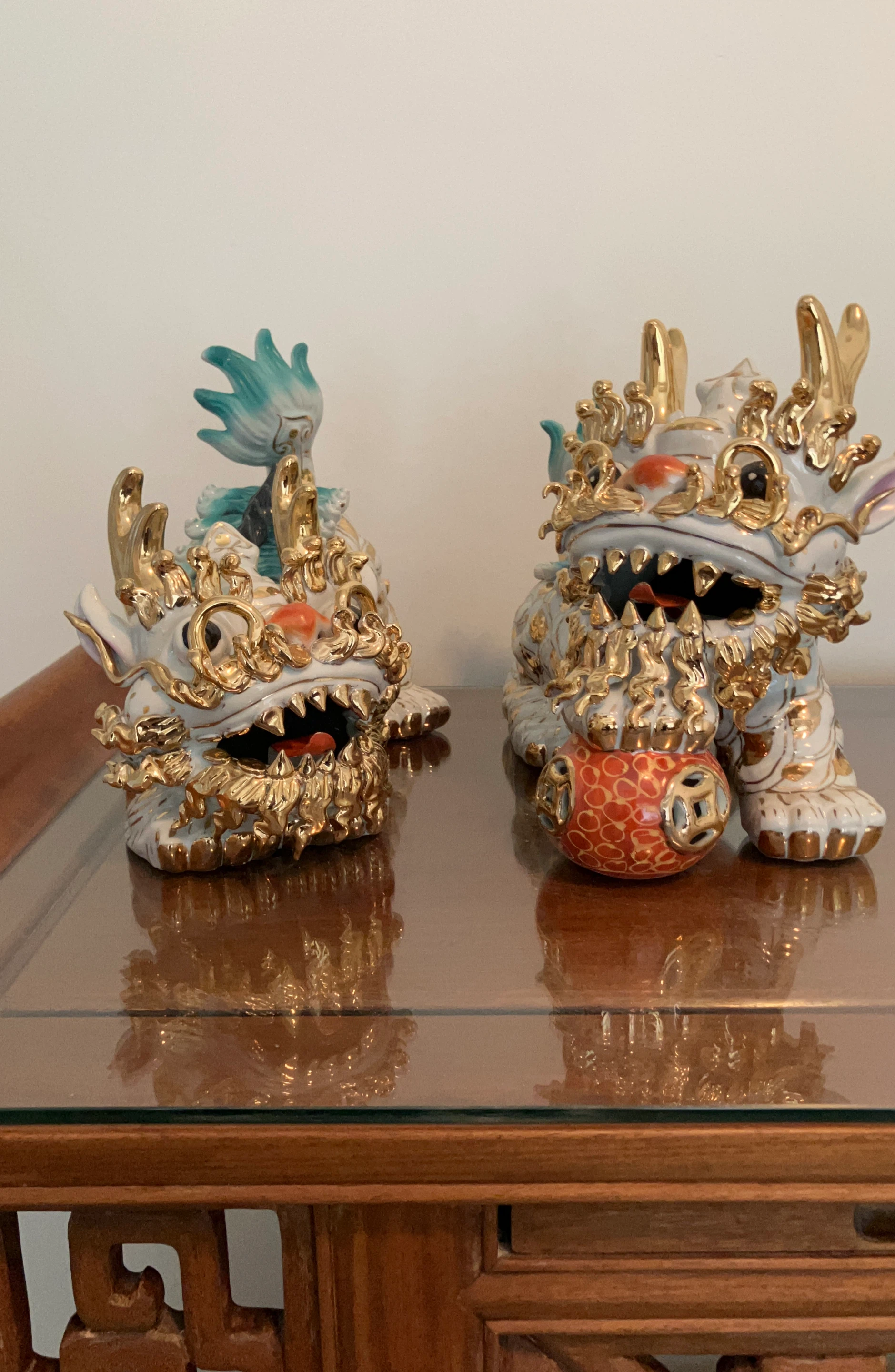 Pair of Foo Dog Statues with Gold Accents