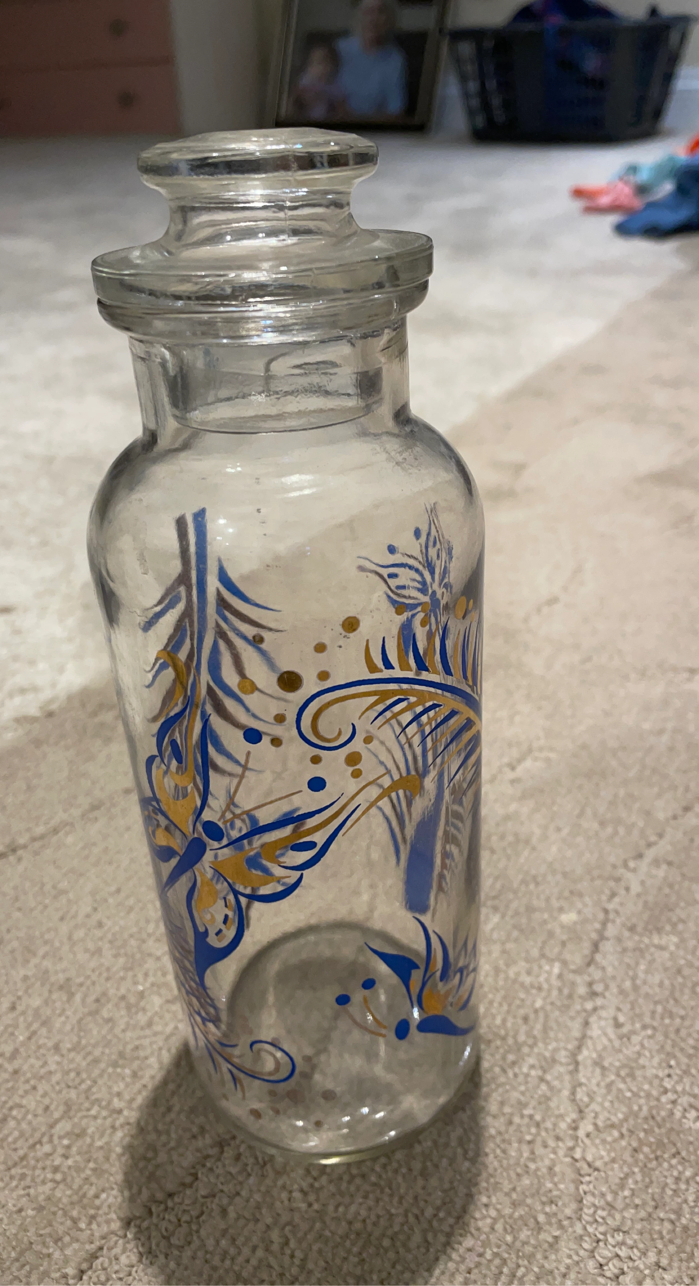 Decorative Glass Bottle with Blue and Gold Design