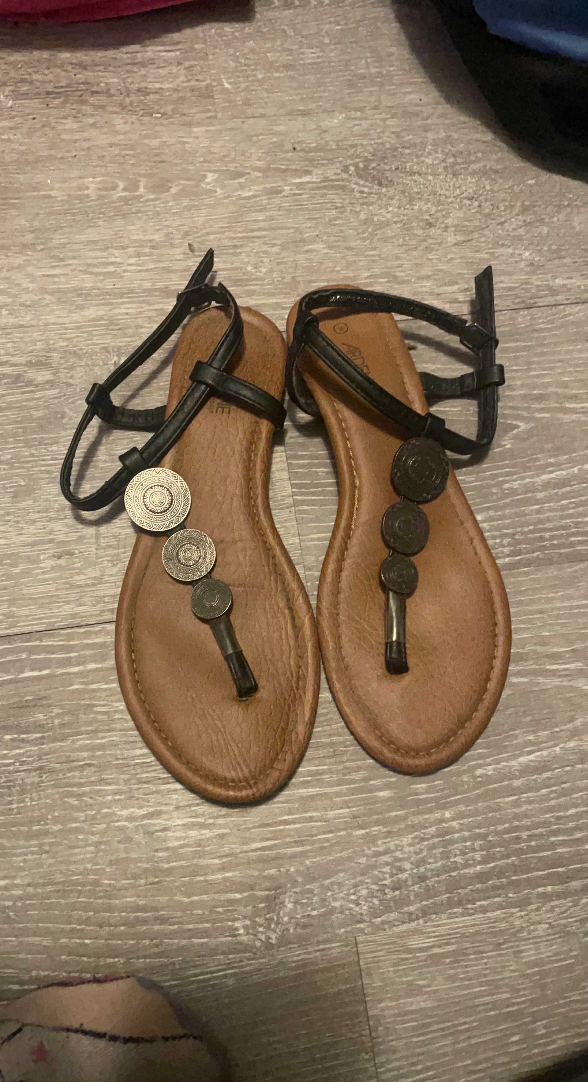 Arden B. Black Sandals with Coin Embellishments
