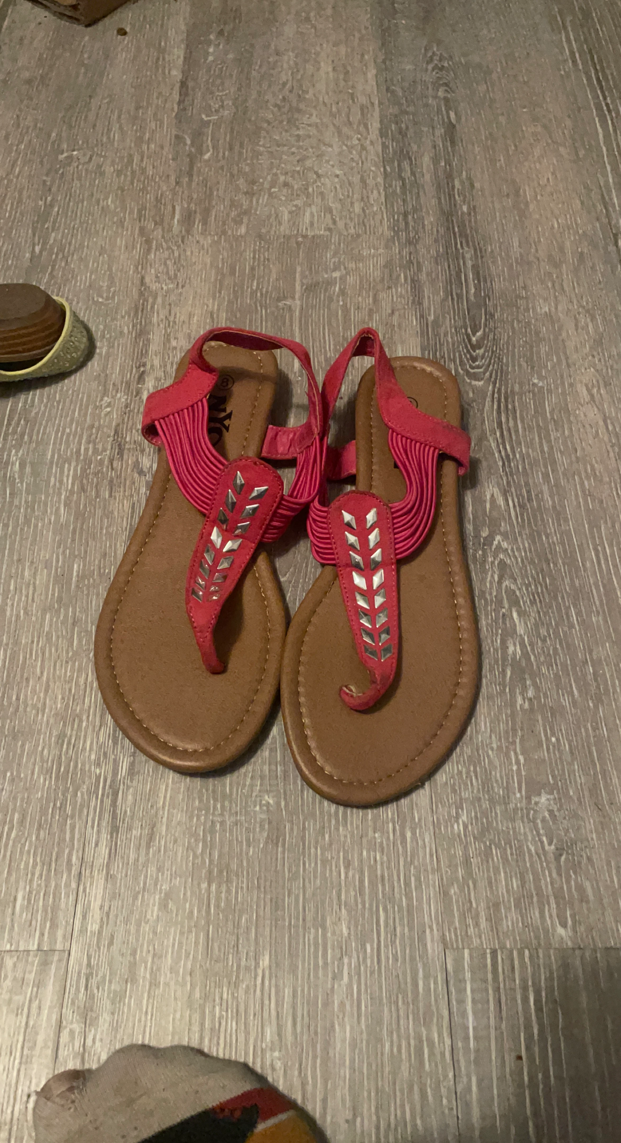 Pink T-Strap Sandals with Silver Embellishments