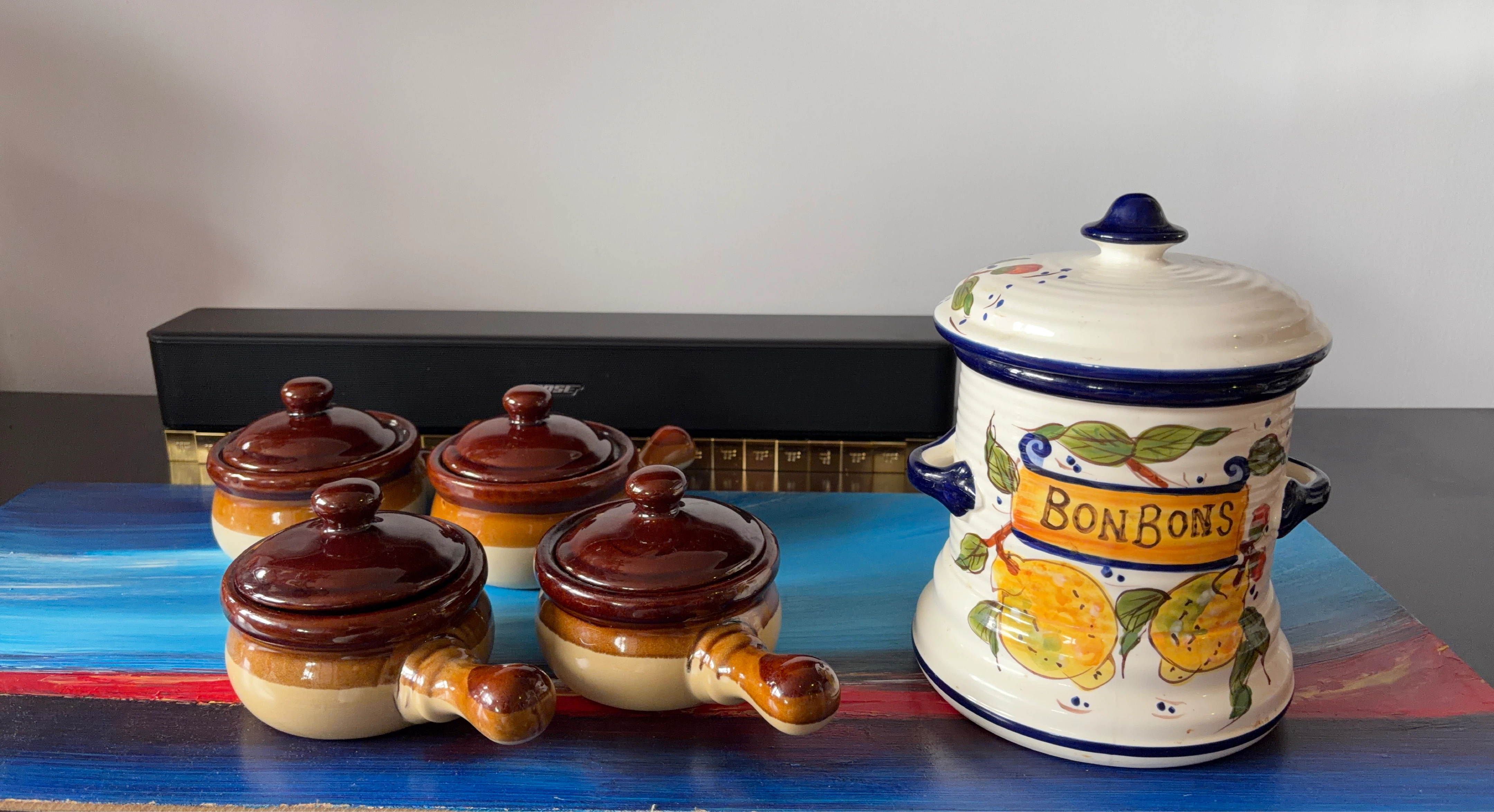 Set of 4 Ceramic Ramekins with Lids and "Bon Bons" Jar