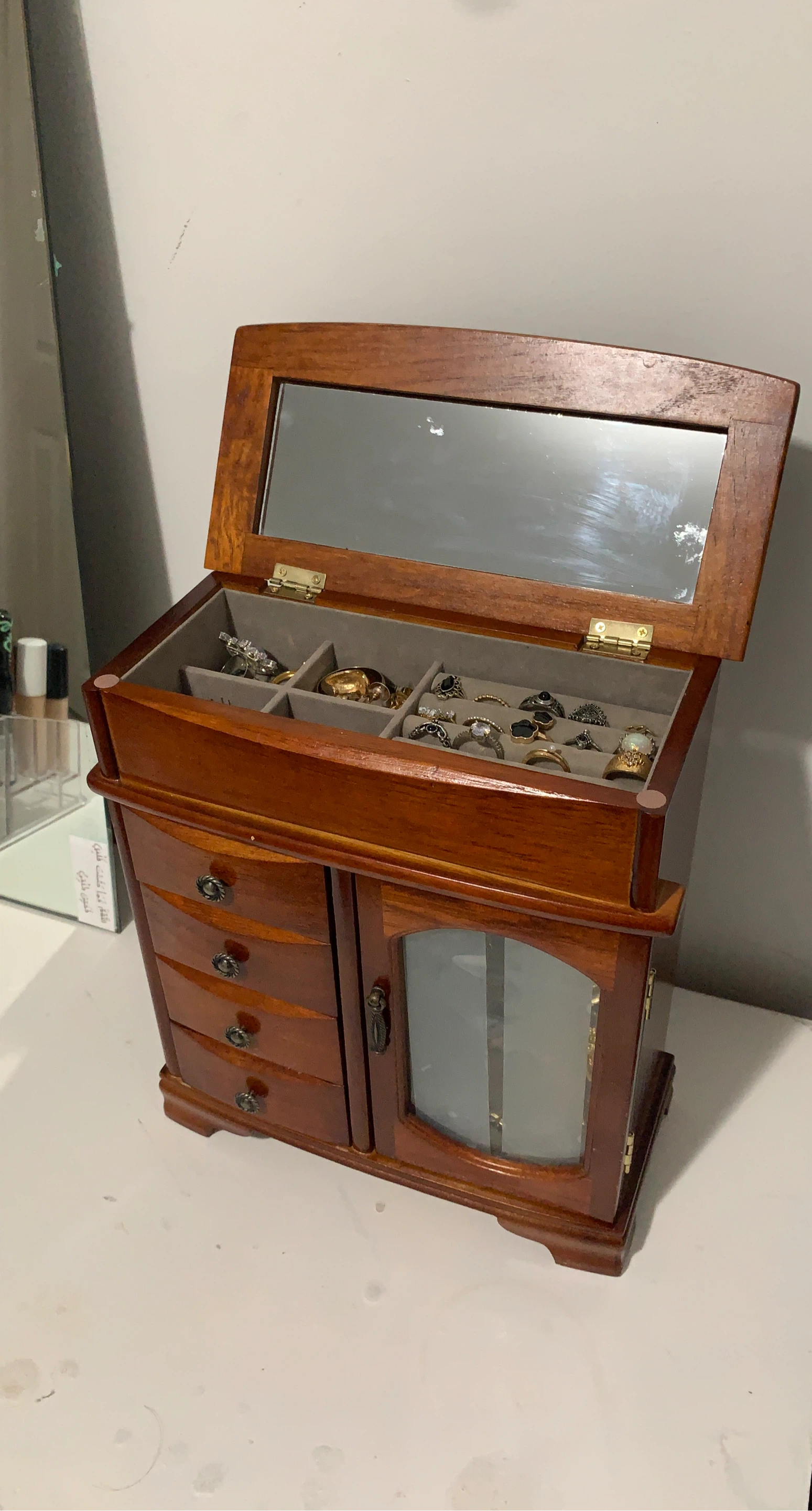 Wooden Jewelry Box with Mirror and Drawers