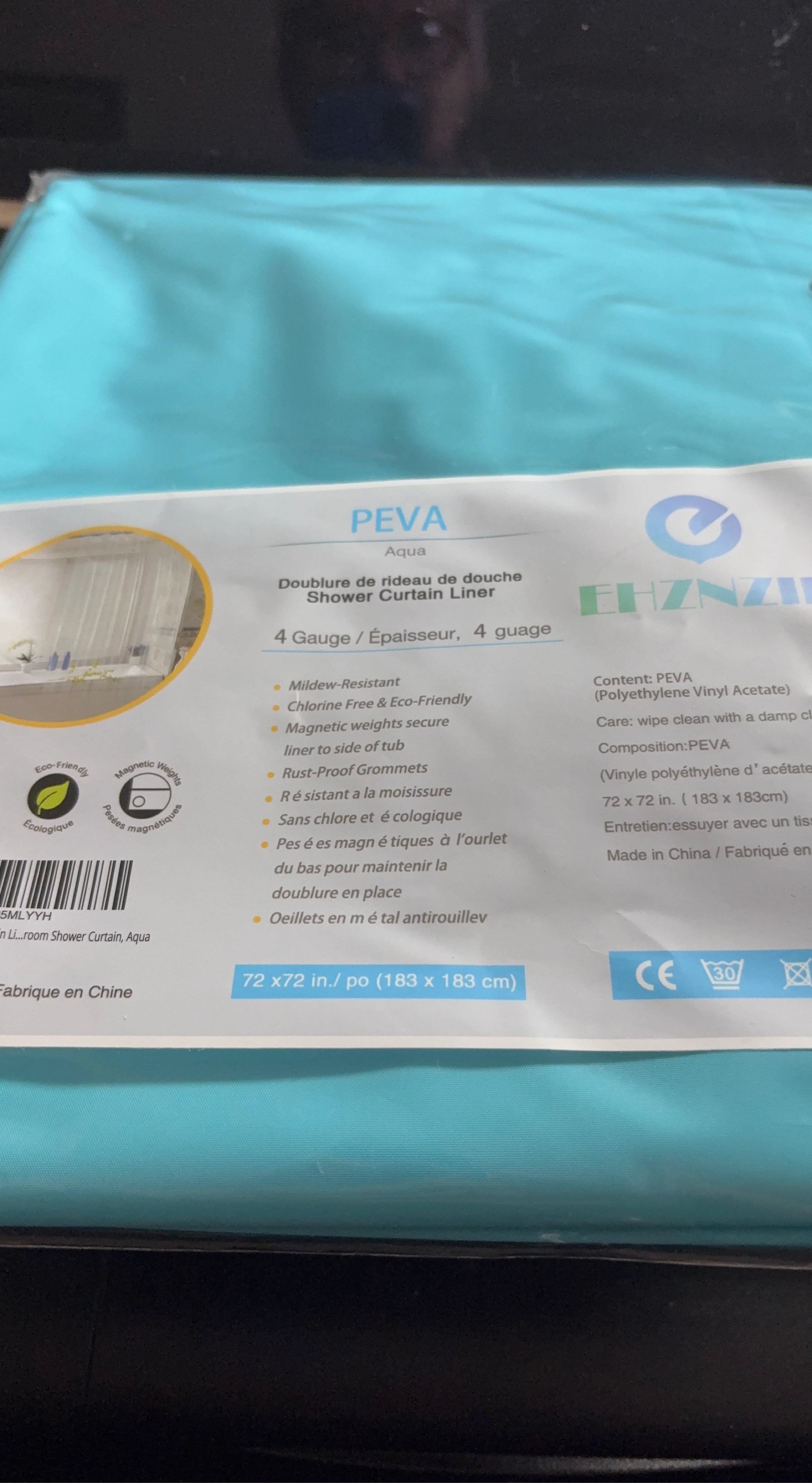 PEVA Aqua Shower Curtain Liner 72 x 72 in.