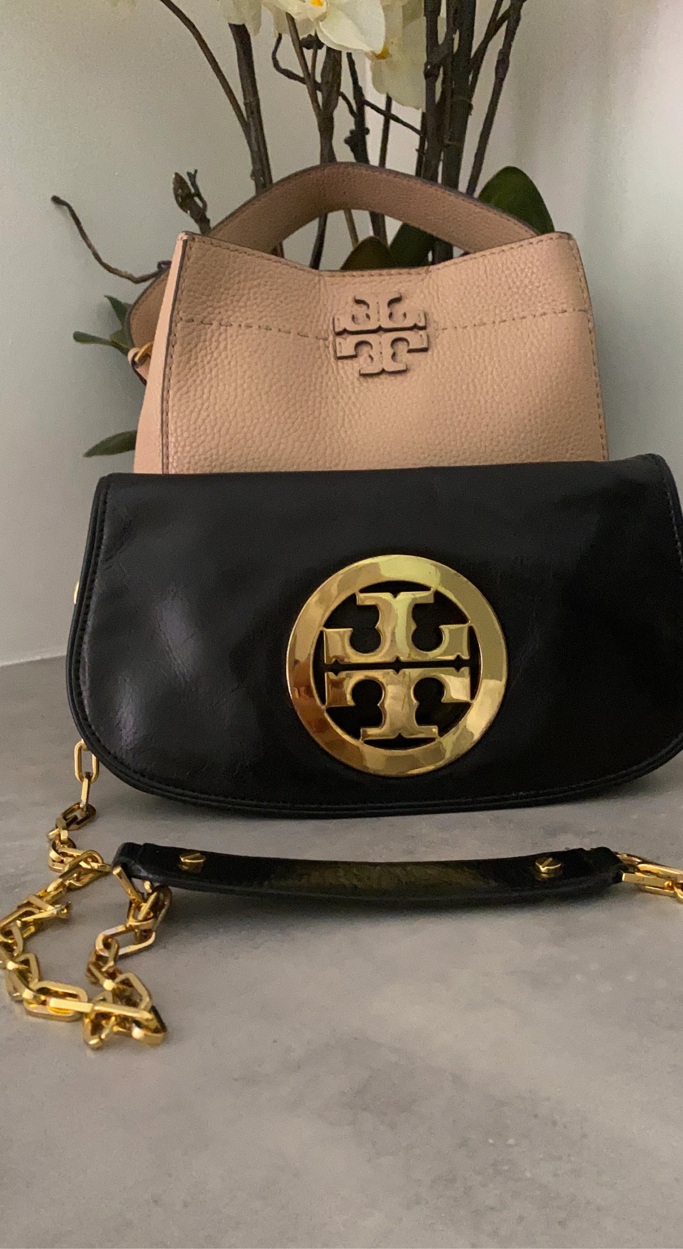 Tory Burch Black & Beige Leather Handbags (2)
