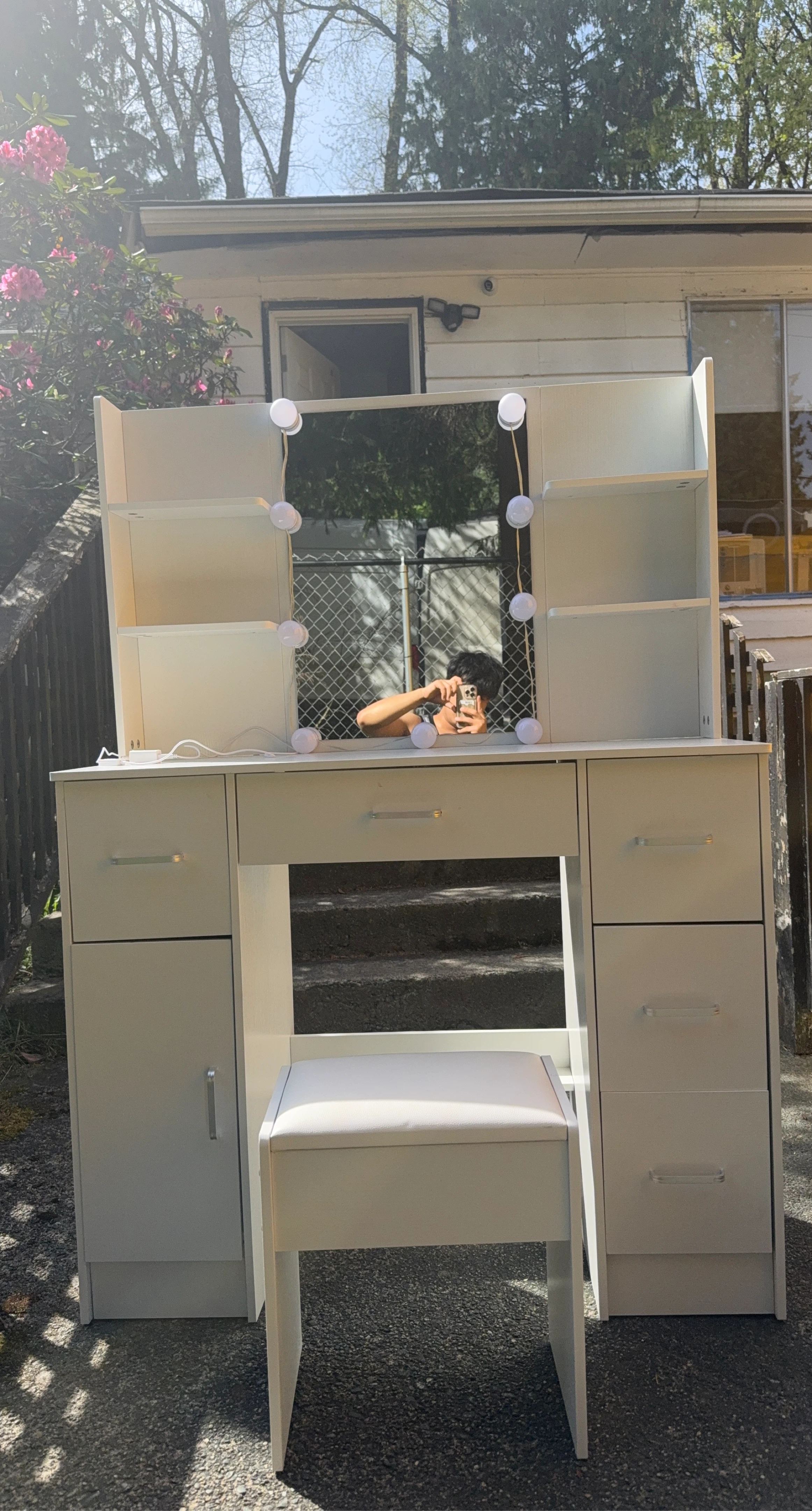 White Vanity Table with Lights and Stool