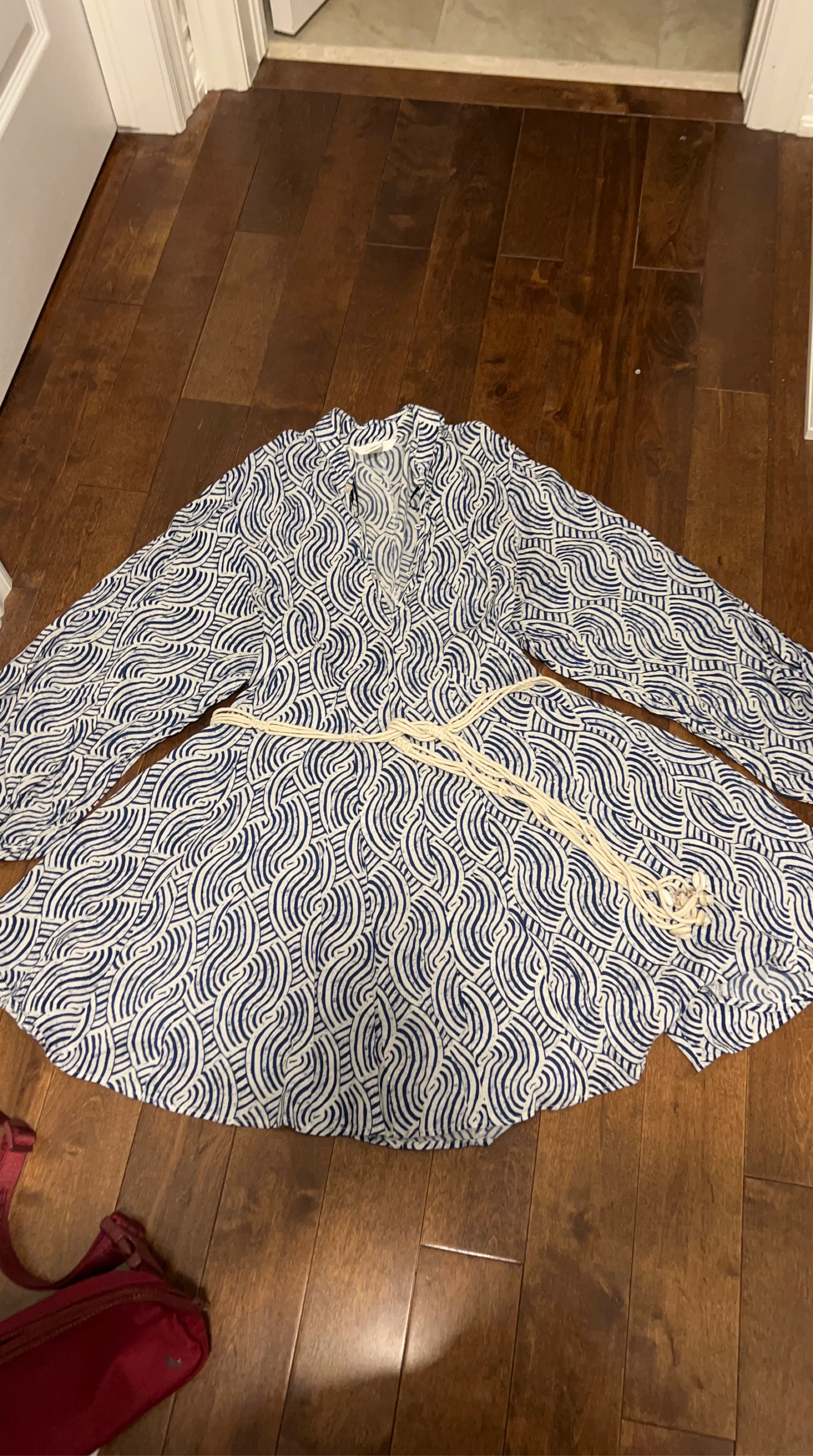 Blue and white patterned tunic with belt