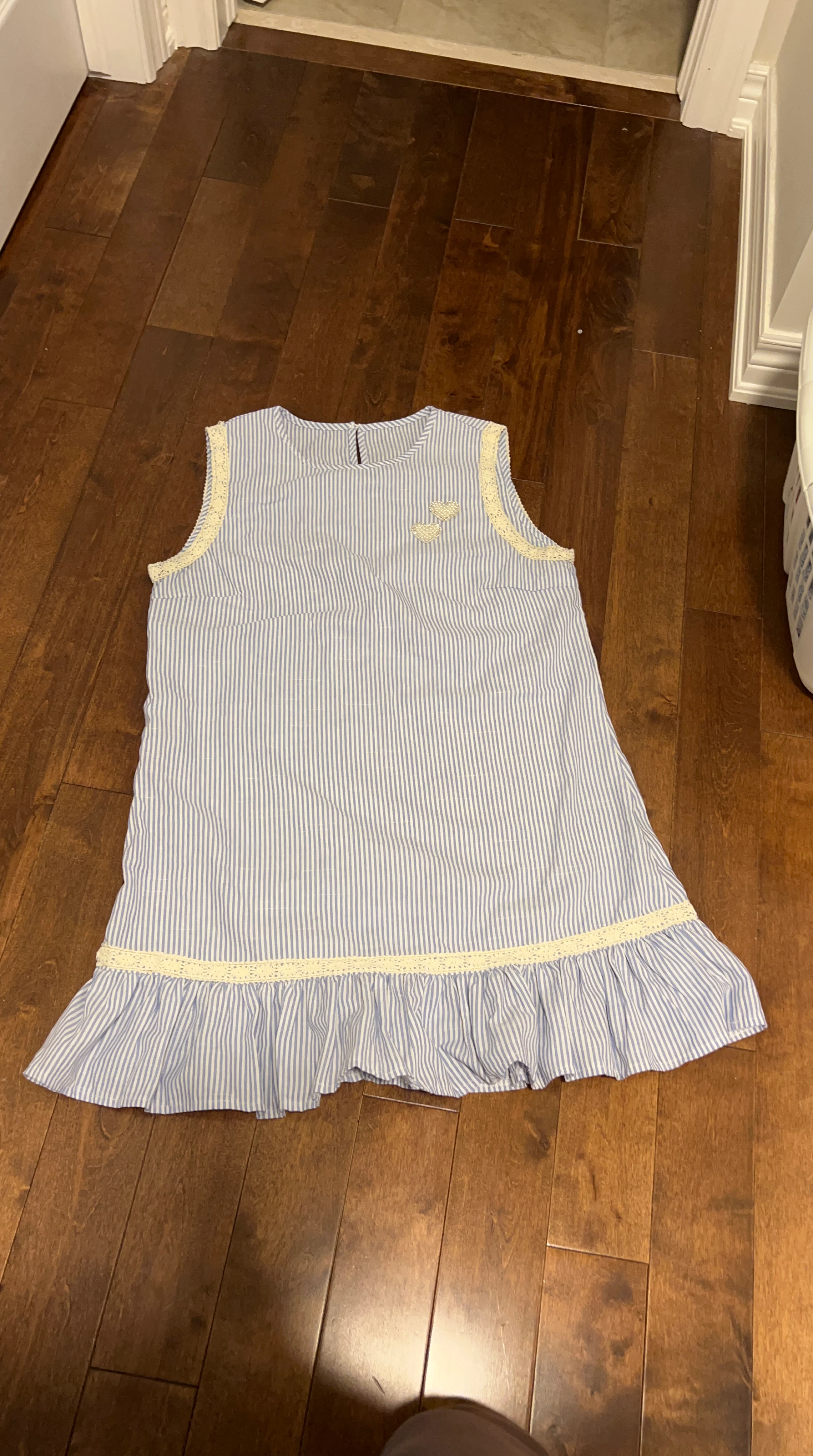 Blue and White Striped Dress with Lace Trim