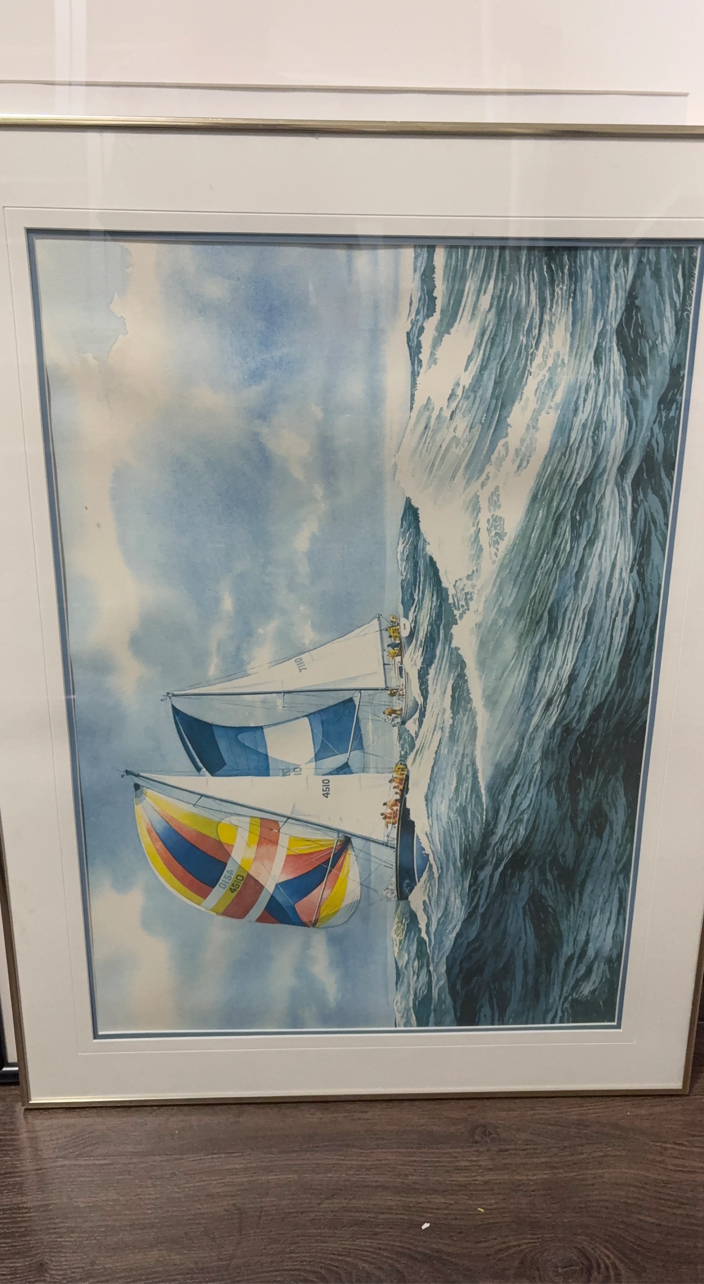Framed Watercolor Painting of Sailboats Racing