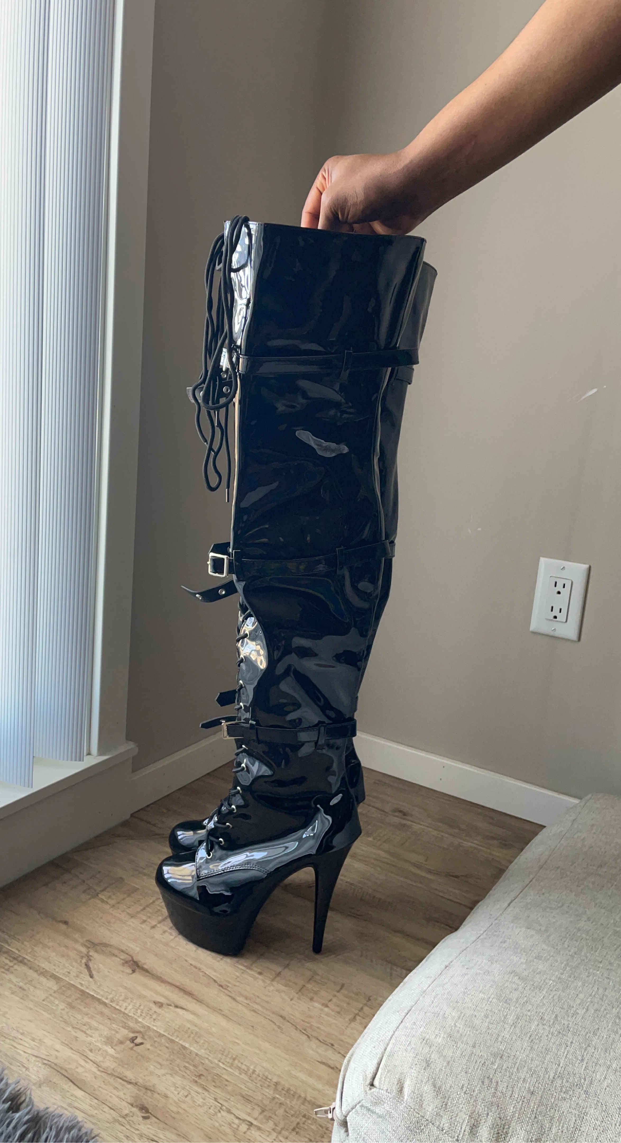 Black Patent Lace-Up Platform Thigh-High Boots