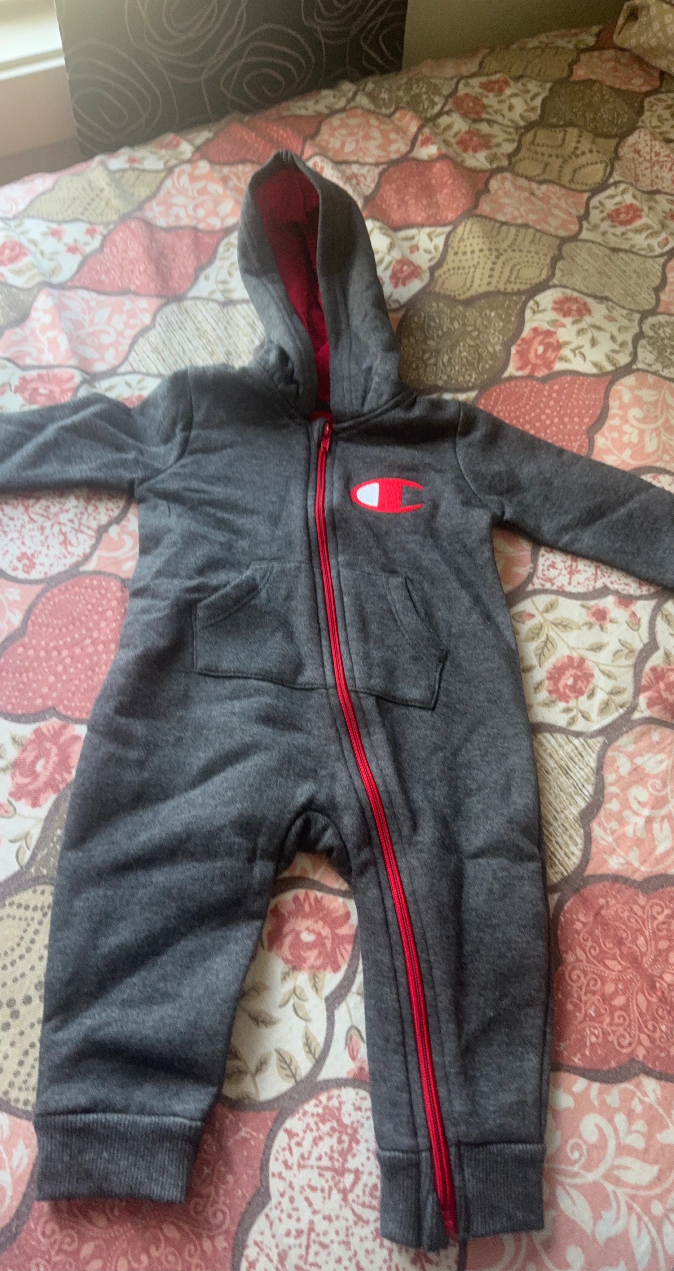Champion Grey Fleece Onesie with Red Zipper - Size 12 Months