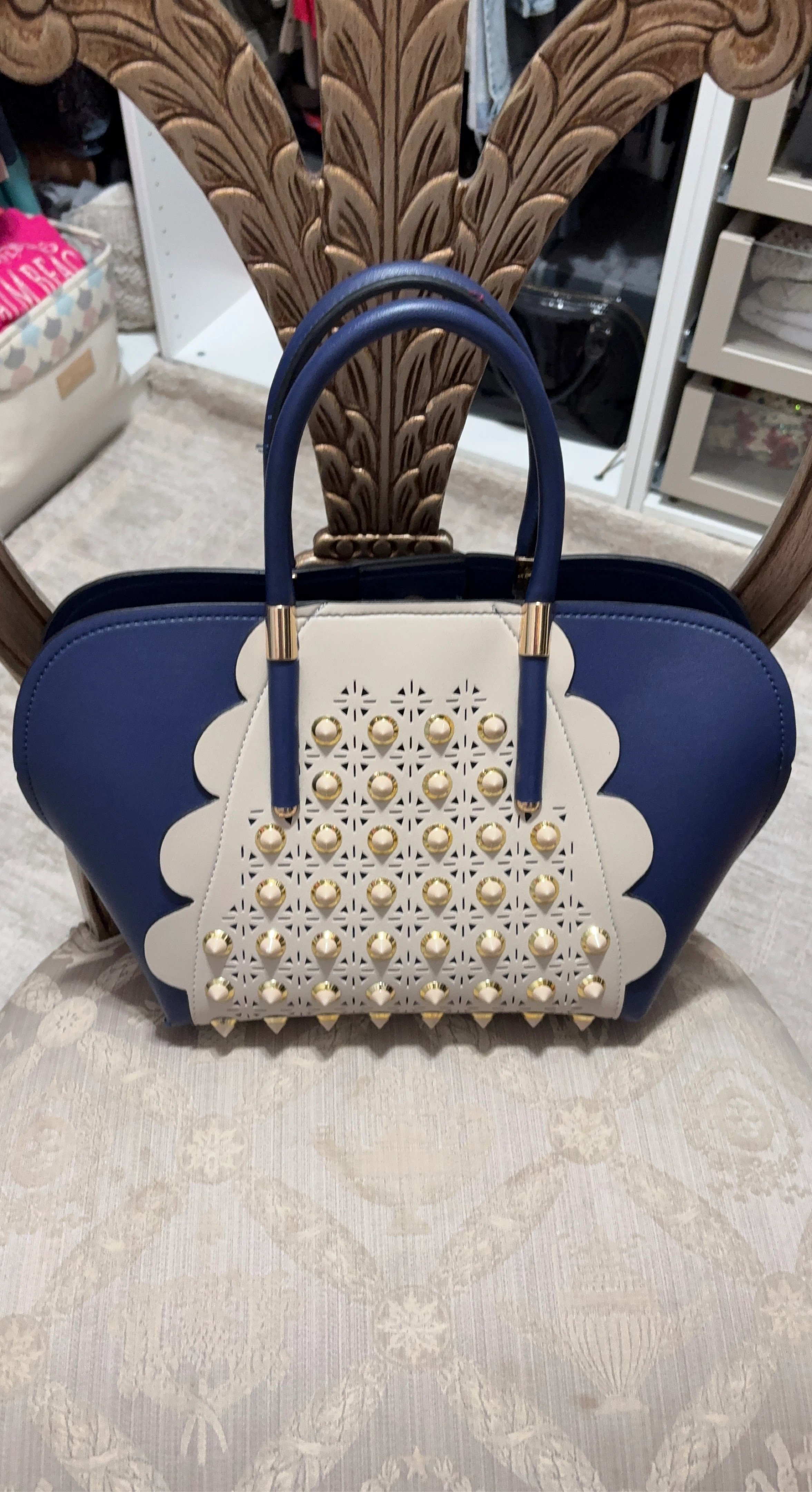 Blue and White Studded Tote Handbag