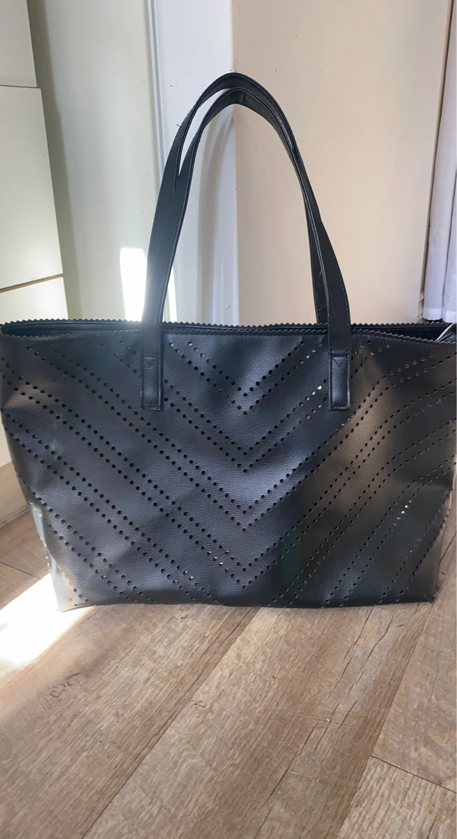 Black Faux Leather Perforated Tote Bag