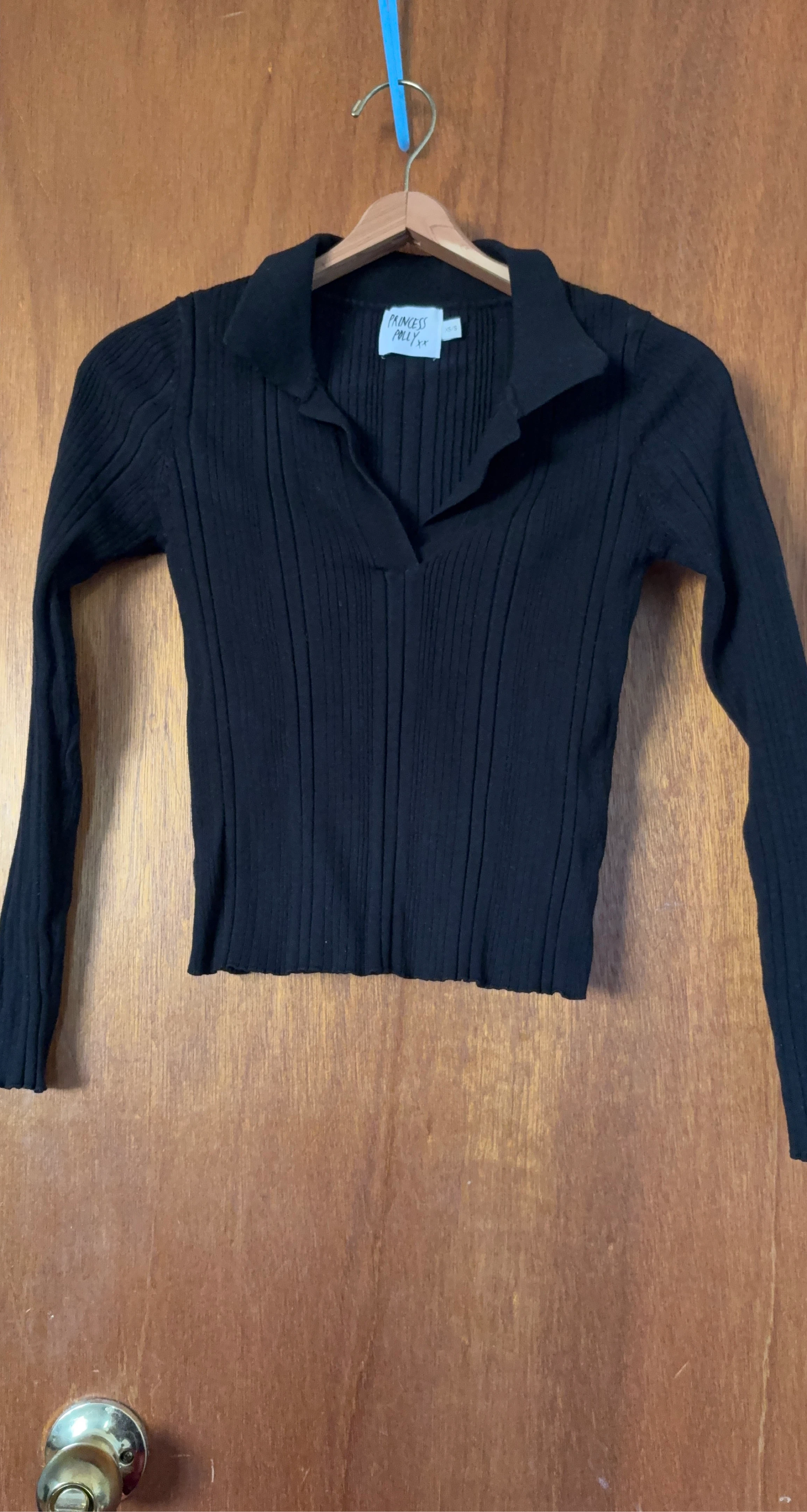 🌱Princess Polly Black Ribbed Collared Long Sleeve Top XS/S🌱