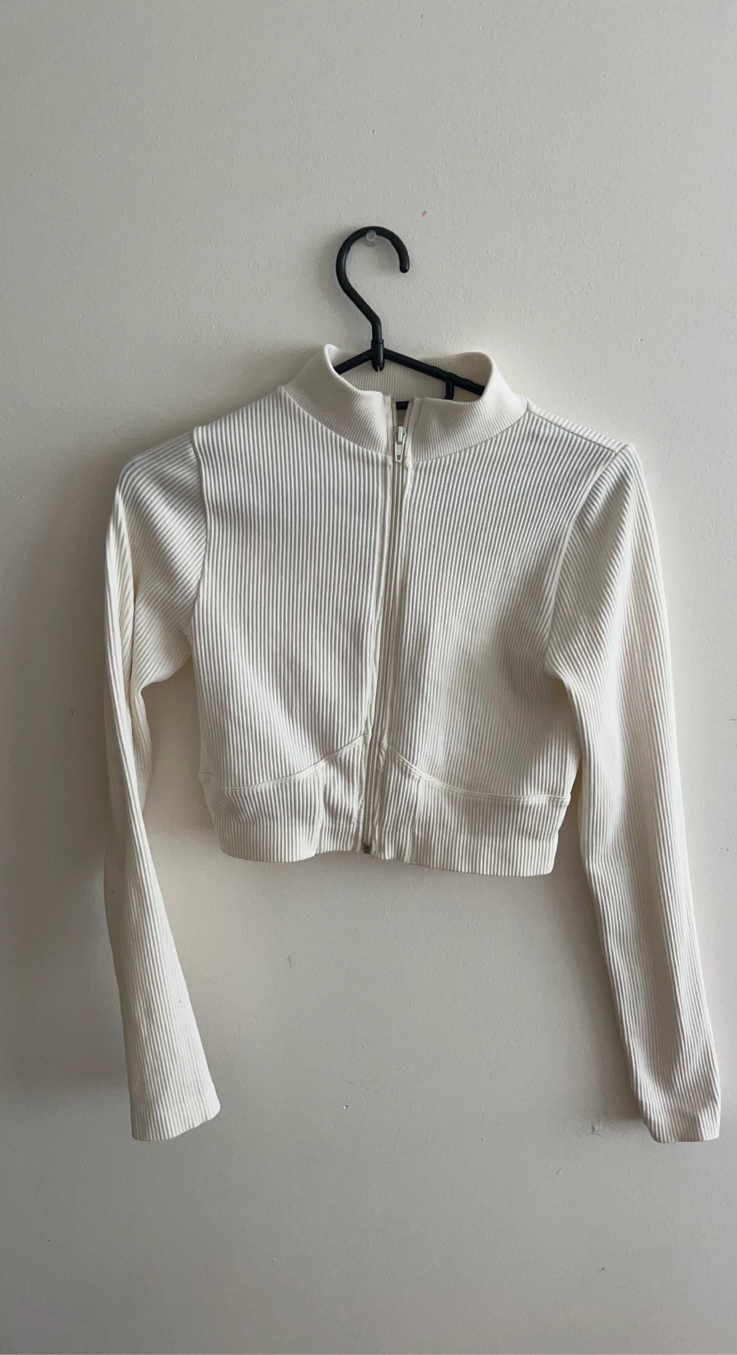 Cream Ribbed Cropped Zip-Up Sweater