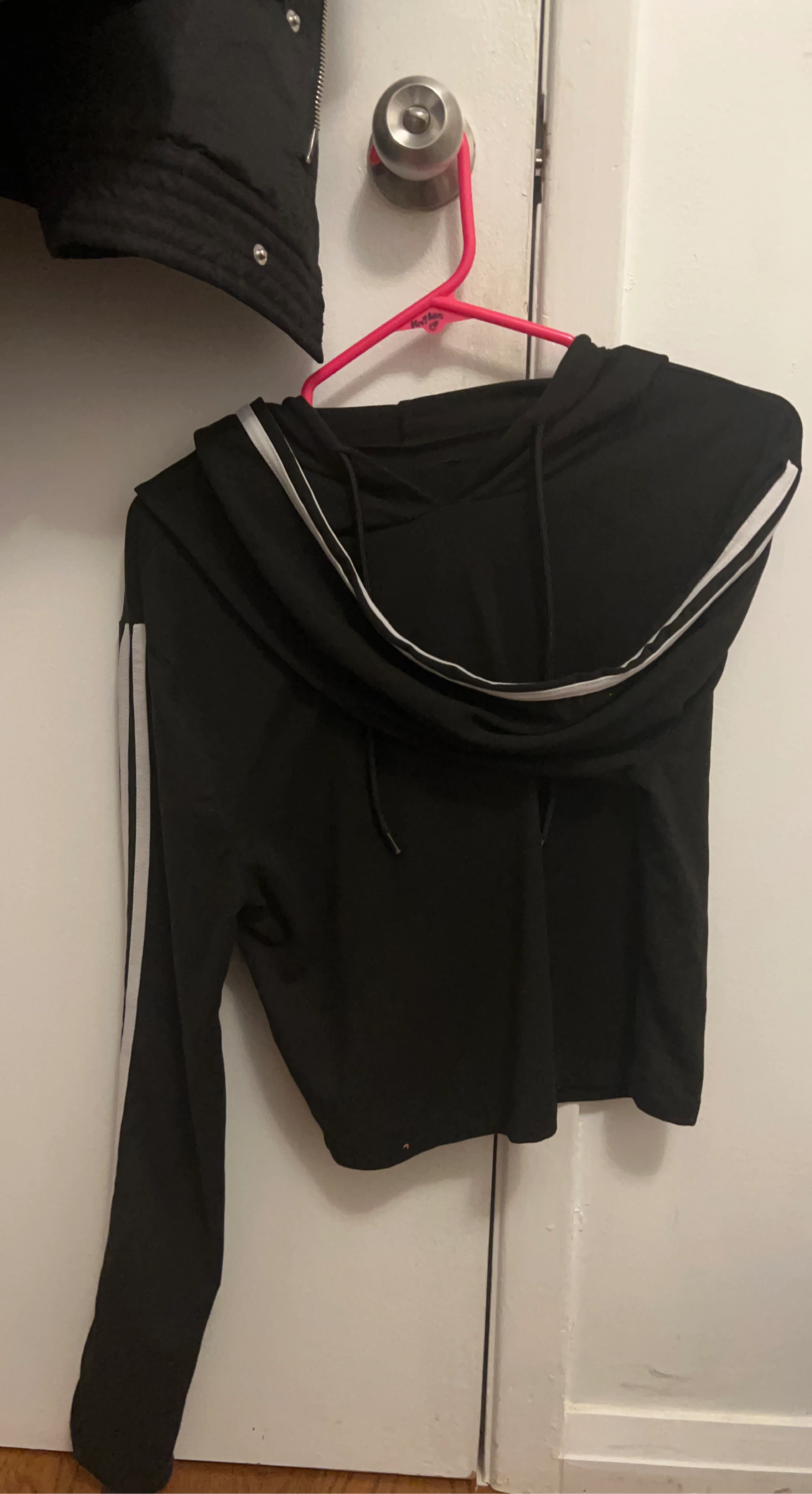 Black Cropped Hoodie with White Stripes