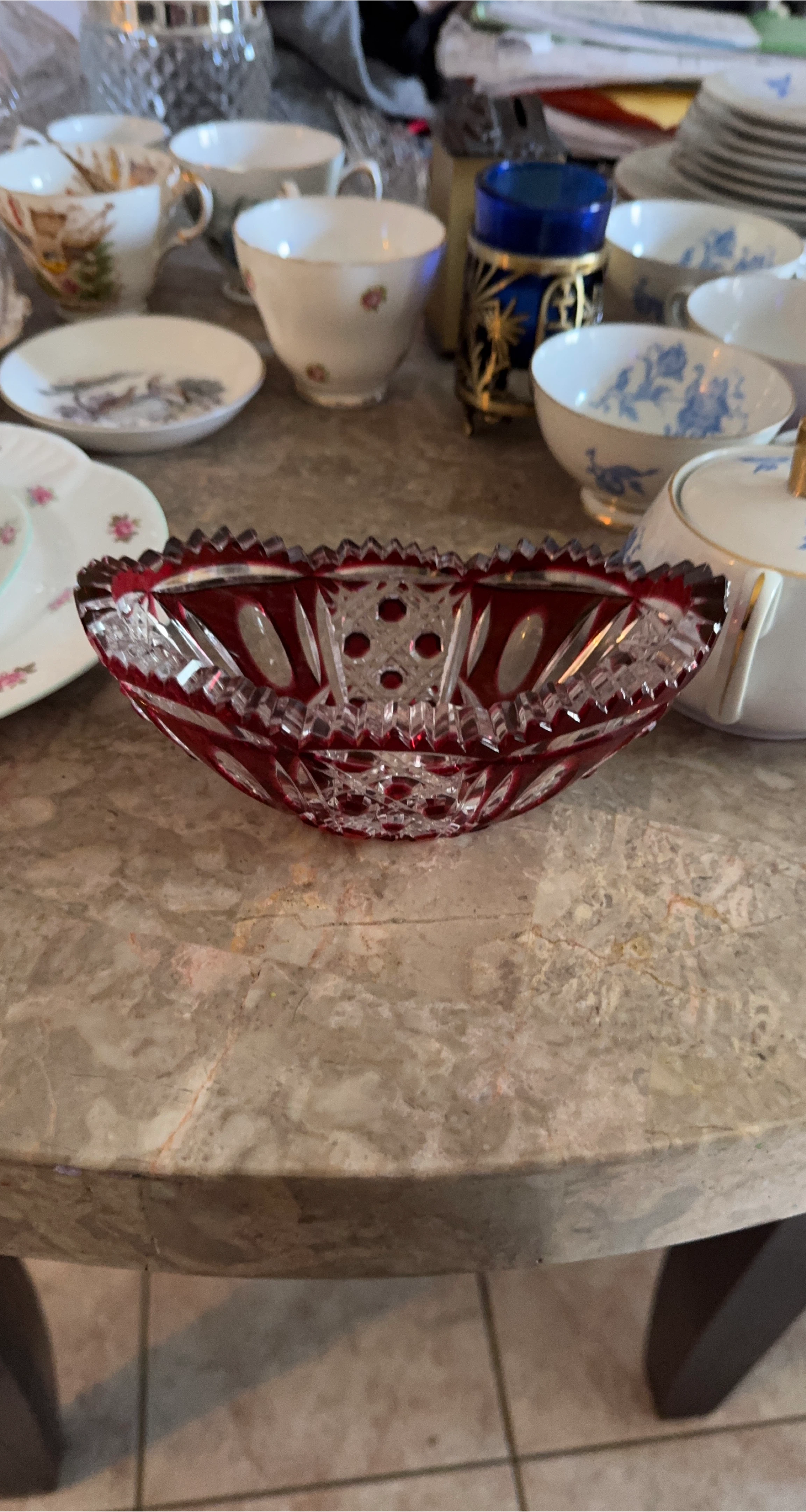 Antique- Ruby Red Cut Glass Bowl - heavy weight