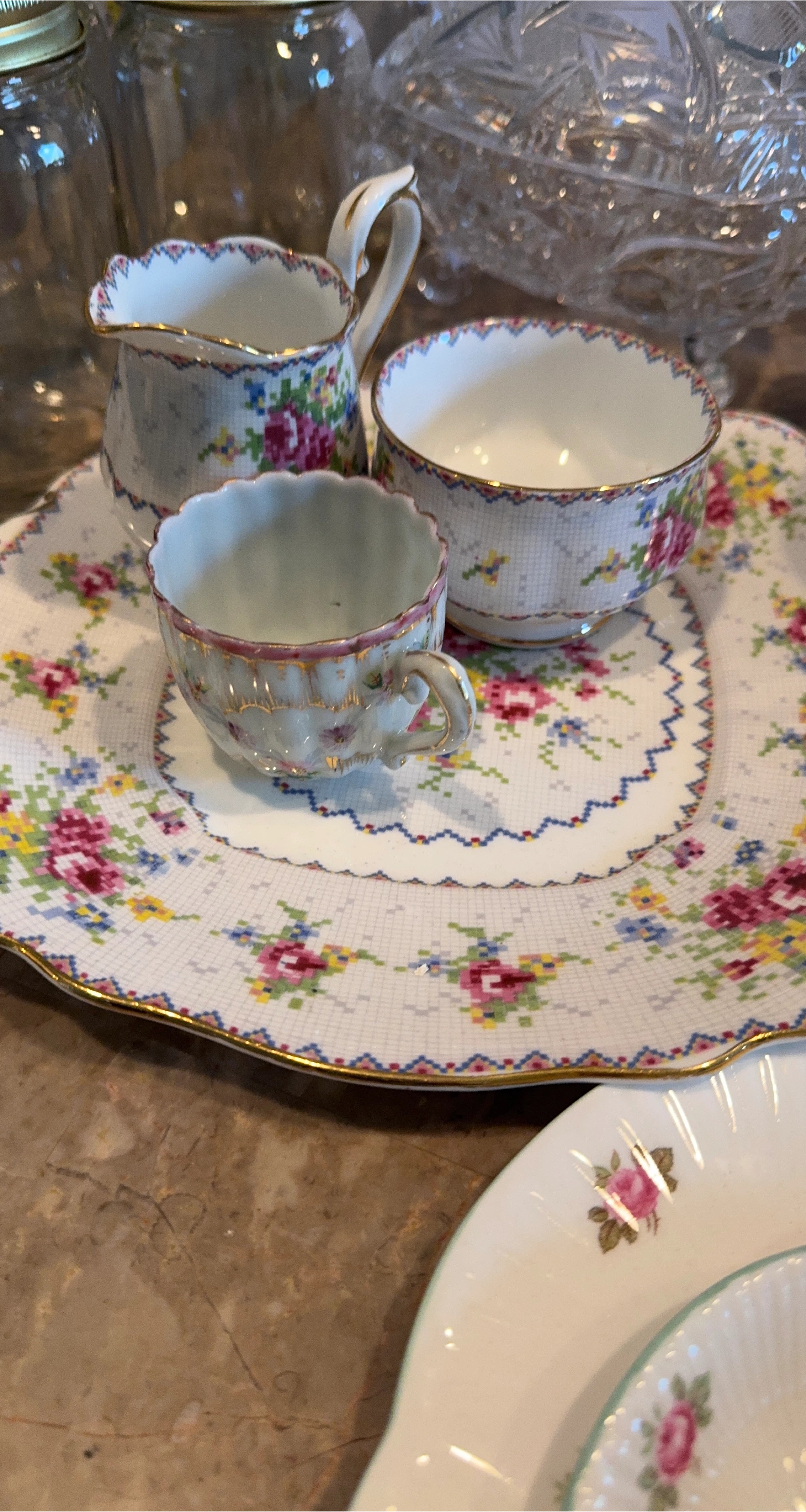 Vintage Floral Porcelain Teacup and Creamer Set
