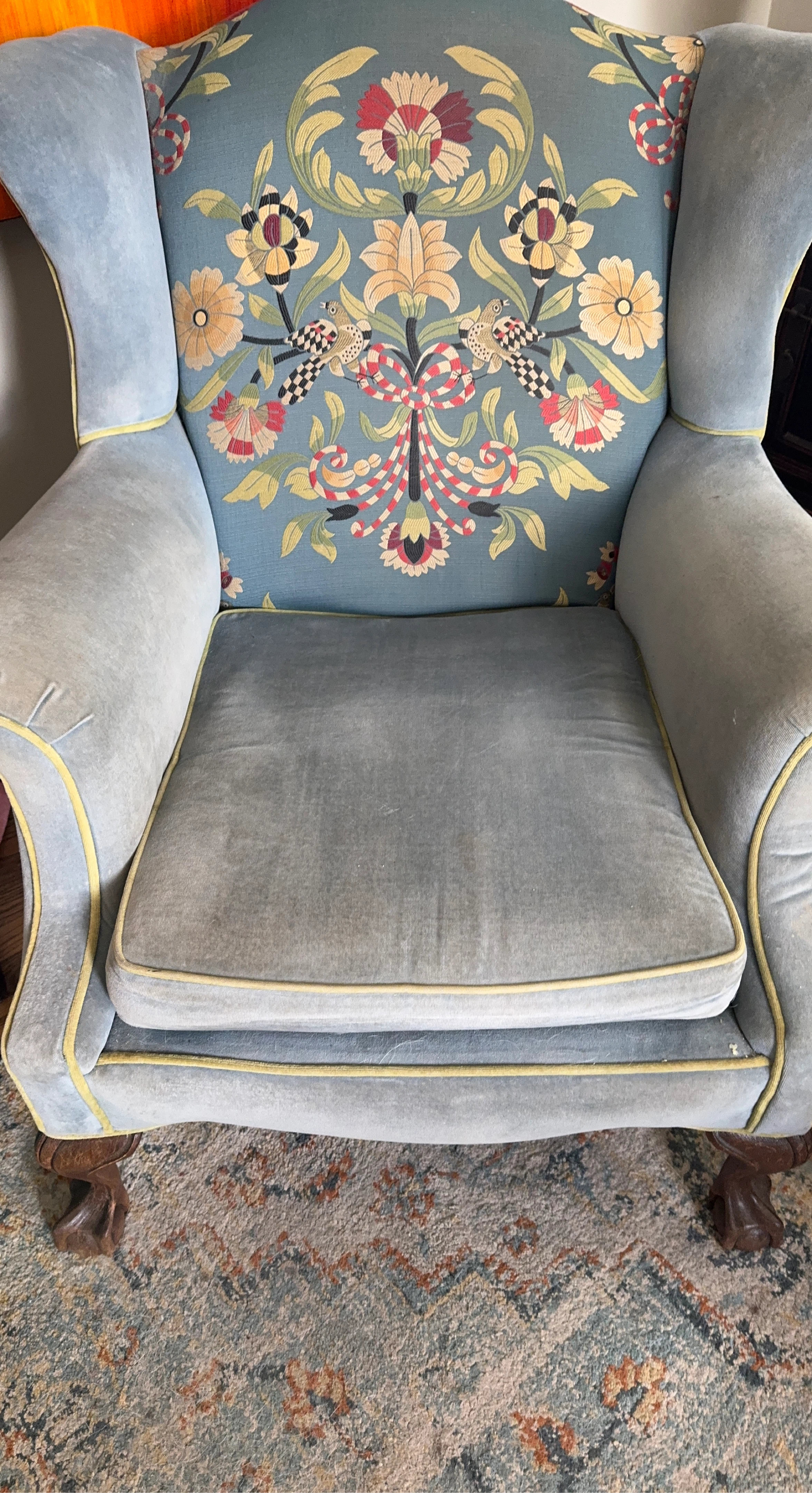 Velvet Wingback Armchair with Floral Bird Print